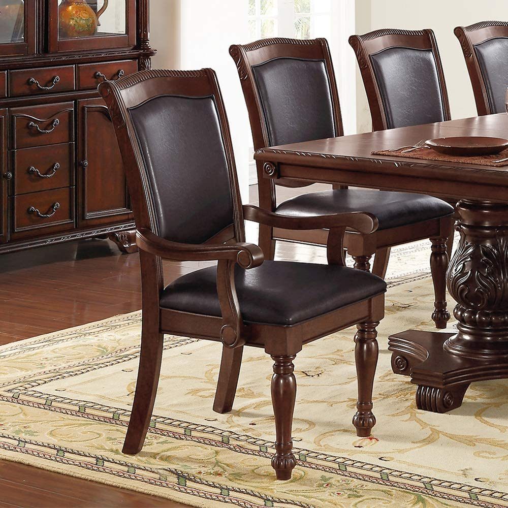 Royal Majestic Formal Set of 2 Arm Chairs Brown Color Rubberwood Dining Room Furniture Faux Leather Upholstered Seat