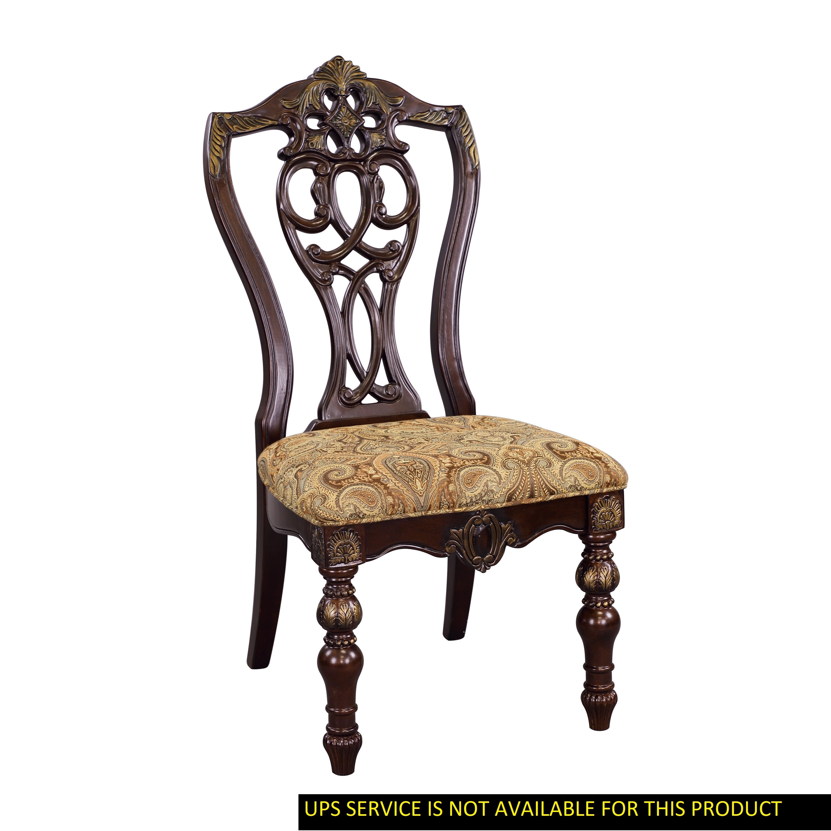 Formal Traditional Dining Chairs 2pc Set Dark Cherry Finish with Gold Tipping Jacquard Fabric Upholstered Extravagant Carving Dining Room Furniture