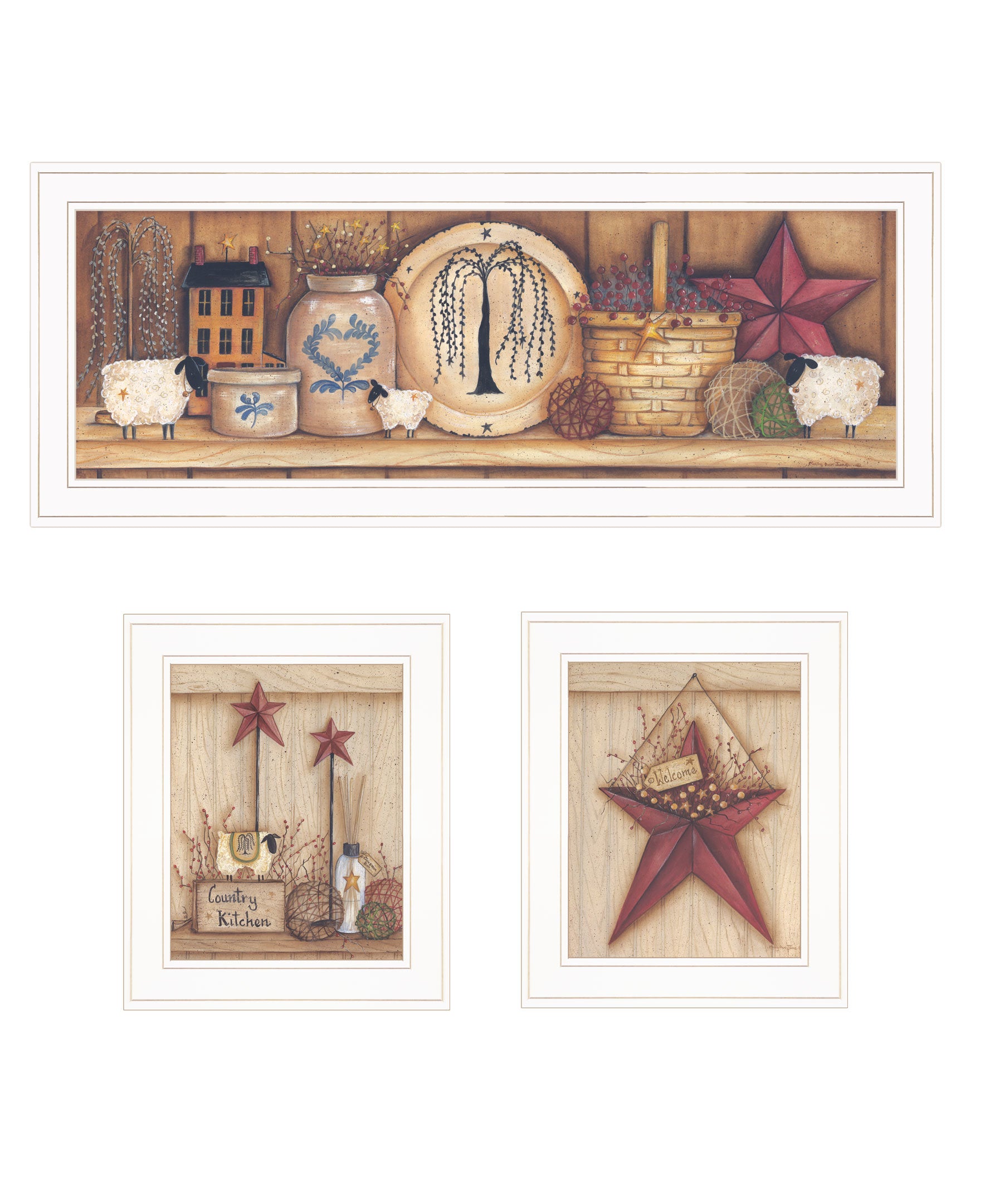 "Country Shelf & Stars" 3-Piece Vignette by Mary Ann June, Ready to Hang Framed Print, White Frame