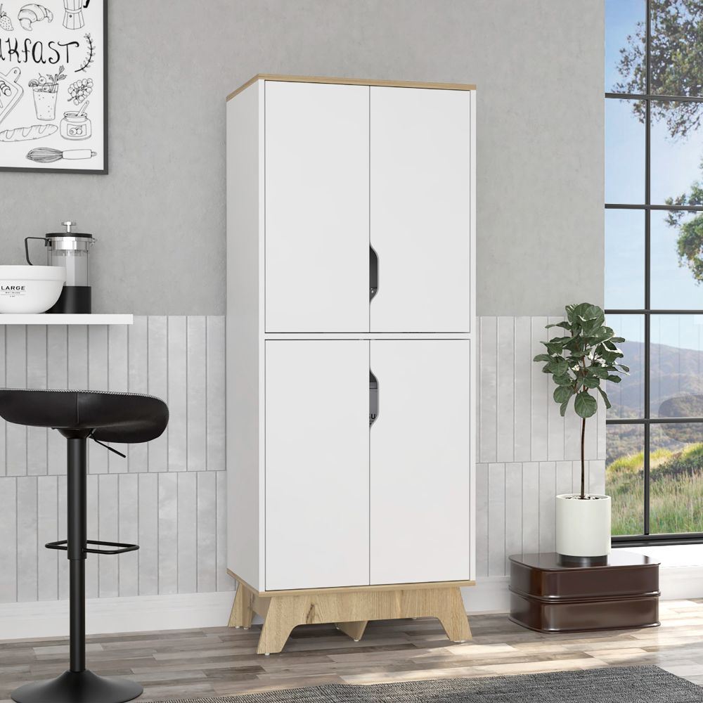 Pamplona Double Kitchen Pantry; Double Door; Four Legs; Four Shelves -Light Oak / White