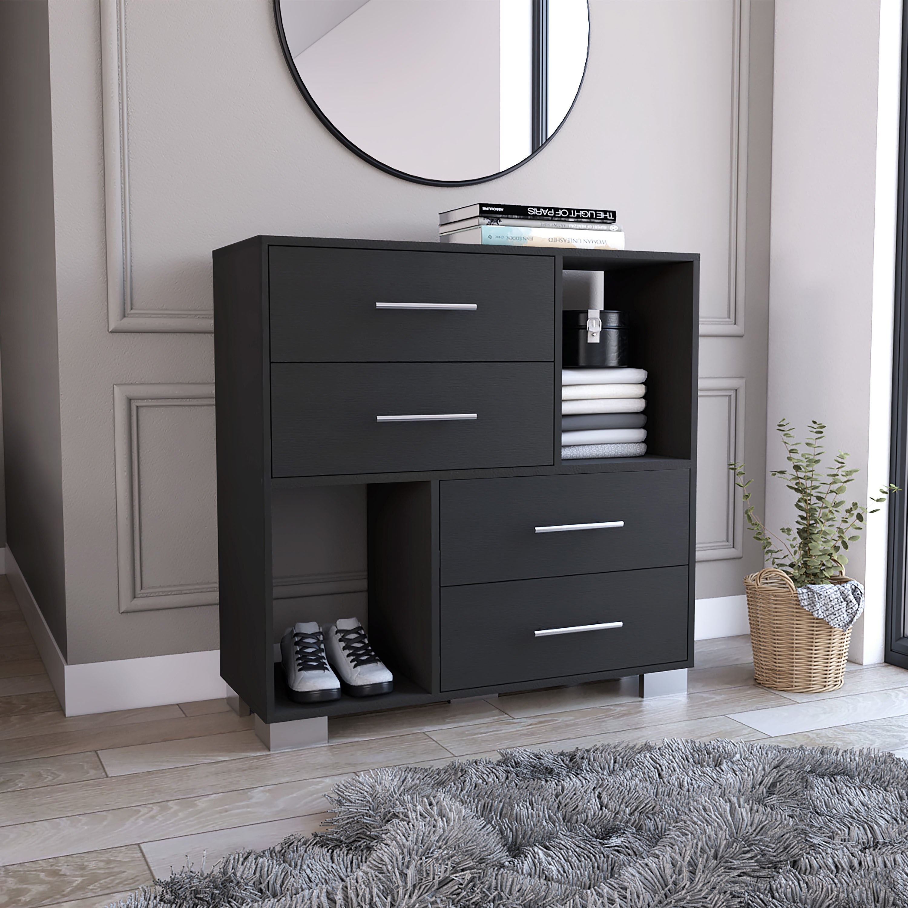 Krista Dresser; Two Open Shelves; Four Drawers -Black