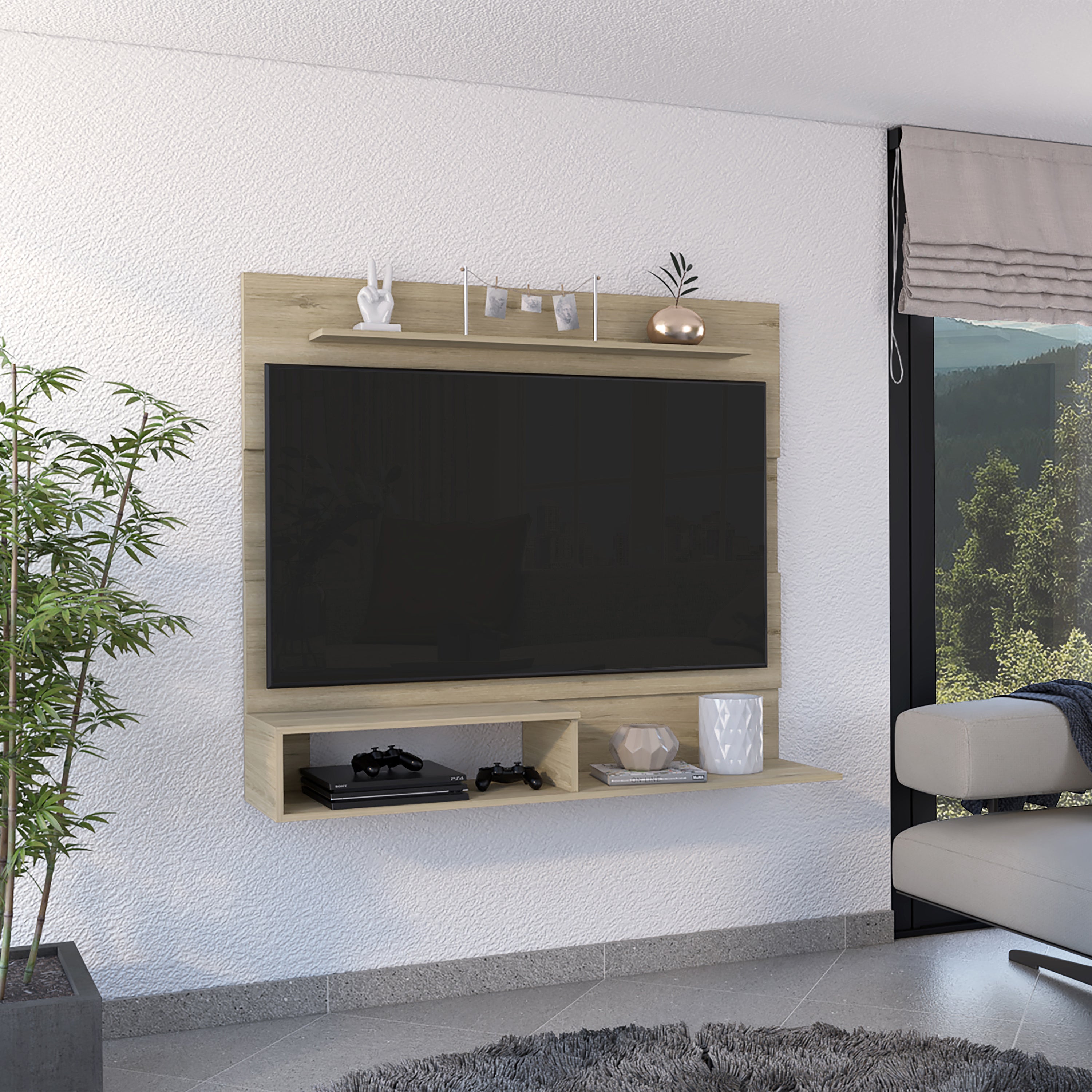 Beijing Floating Entertainment Center; One Superior Shelf; Two Shelves; Space For The TV´s up 55" -Light Pine