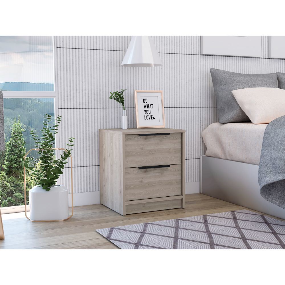 Kaia Nightstand; Two Drawers; Metal Handle -Light Gray