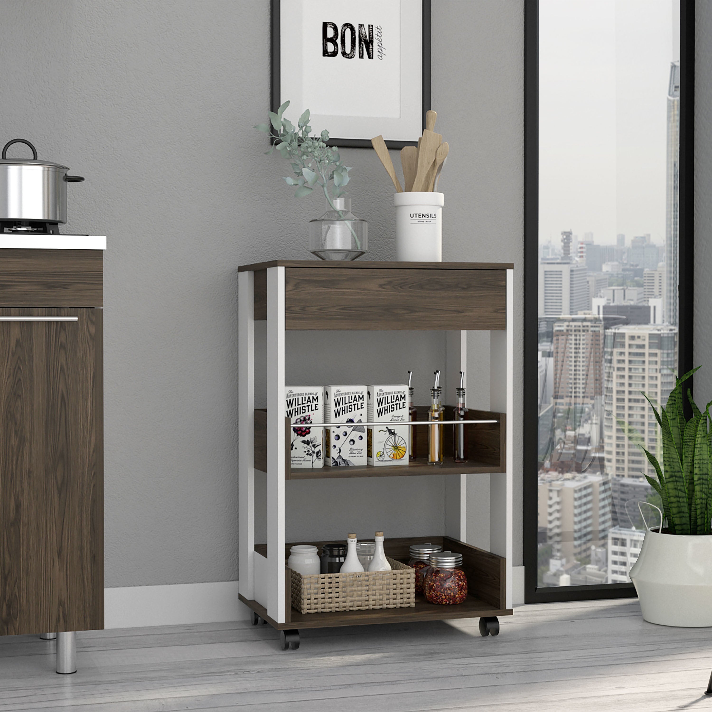 Verona Kitchen Cart; Three Shelves; Four Casters -White / Dark Walnut