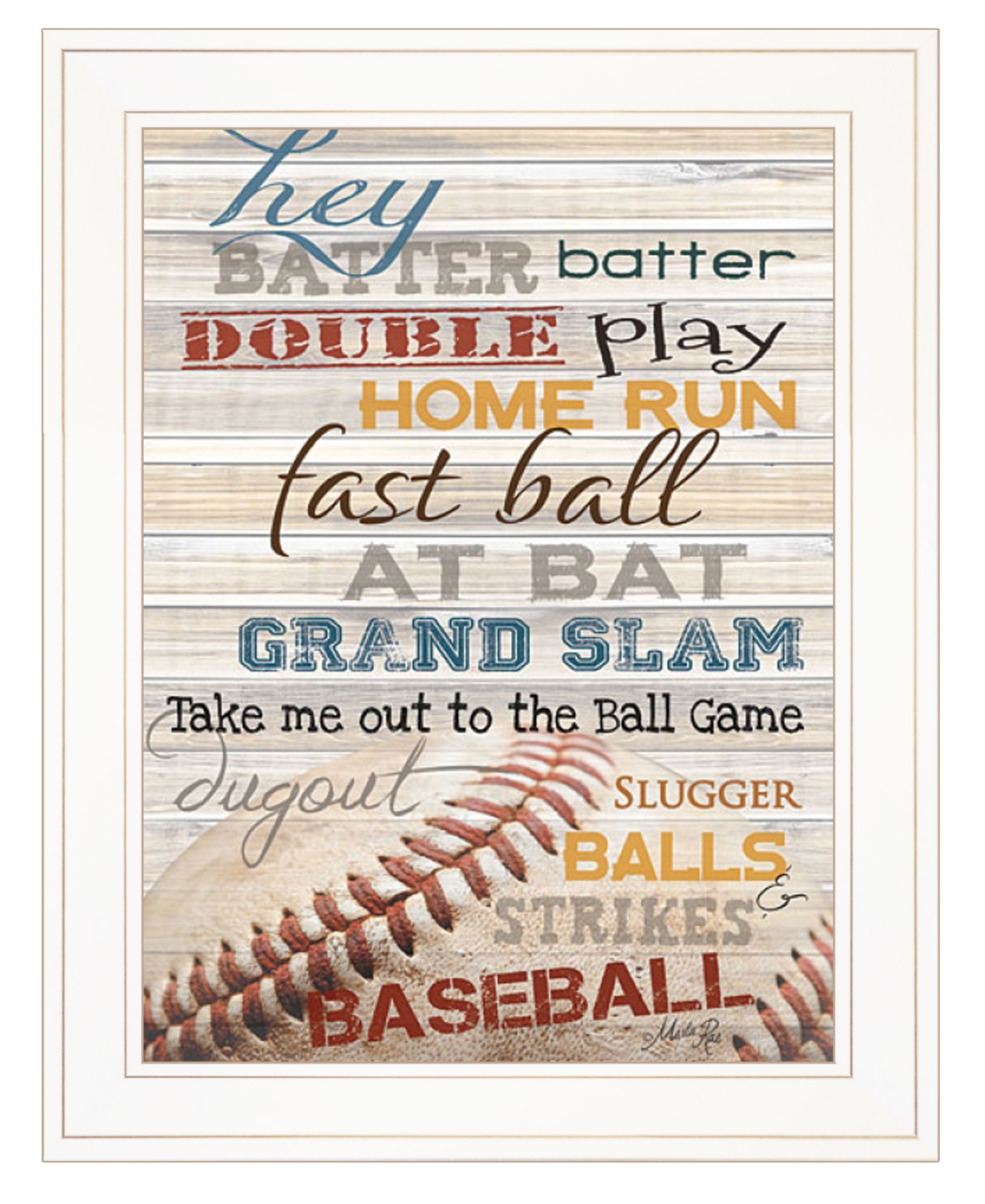 "Hey Batter Batter" by Marla Rae, Ready to Hang Framed Print, White Frame