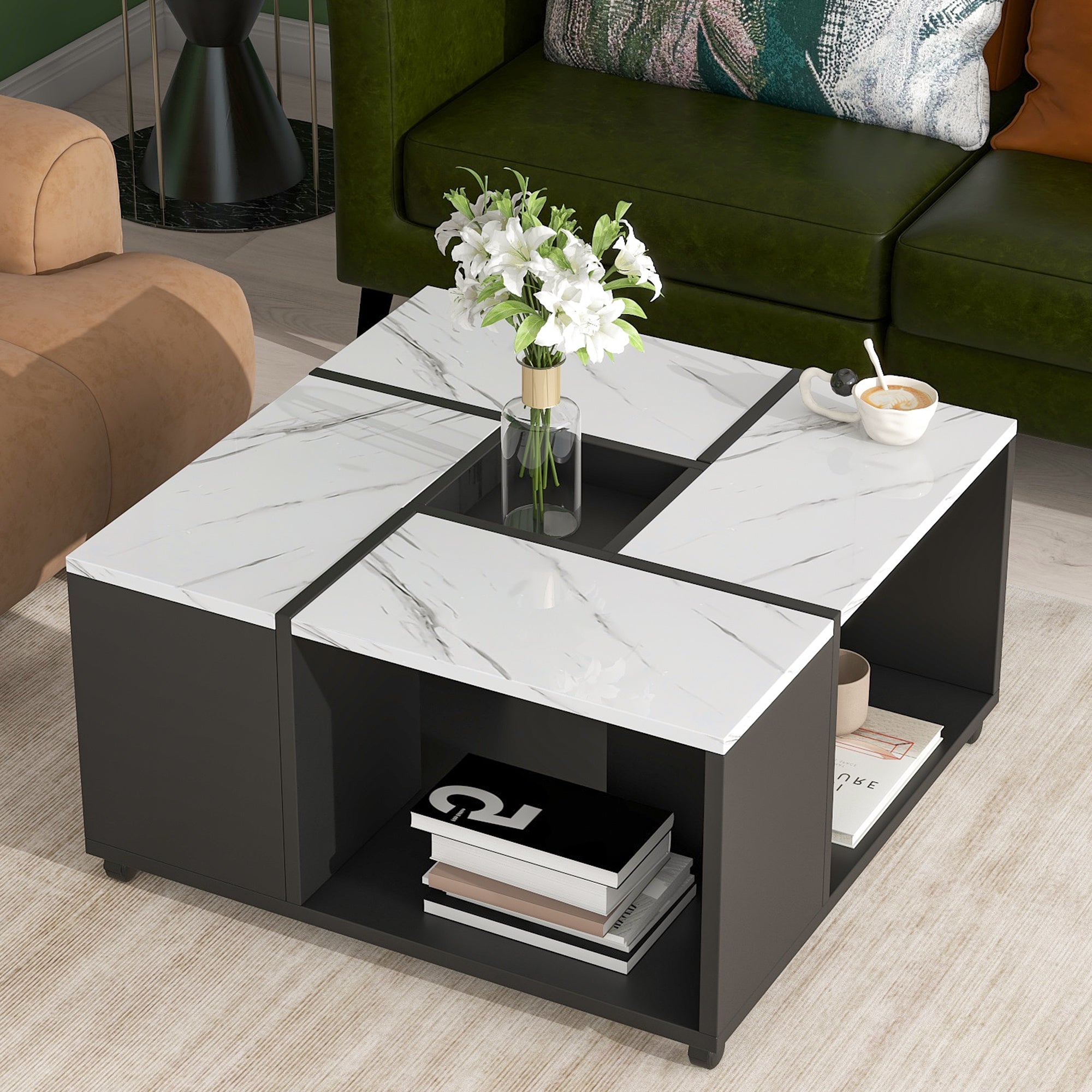 ON-TREND Modern 2-layer Coffee Table with Casters, Square Cocktail Table with Removable Tray, UV High-gloss Marble Design Center Table for Living Room, 31.4''x 31.4''