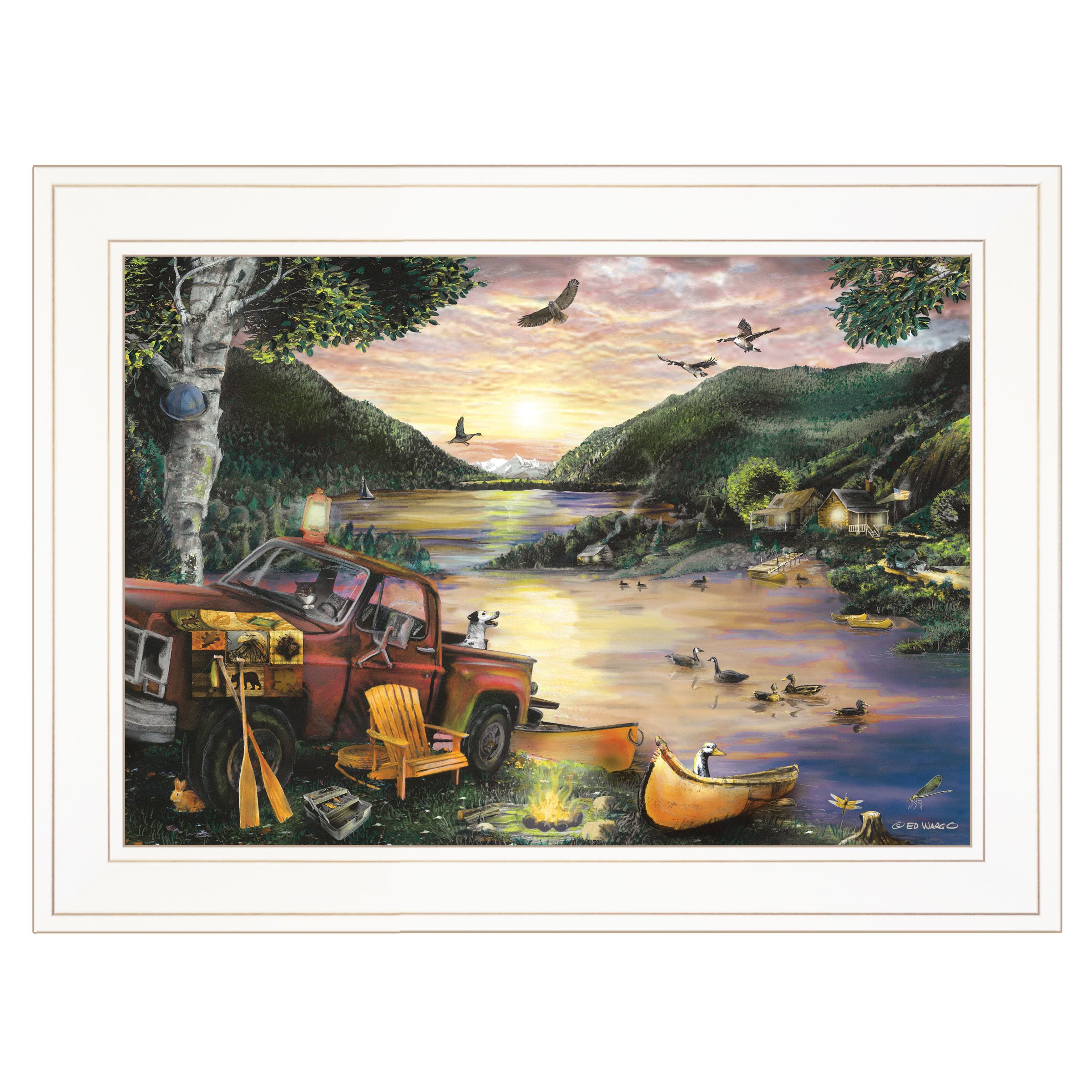 "Lakefront Camping I" By Ed Wargo, Ready to Hang Framed Print, White Frame