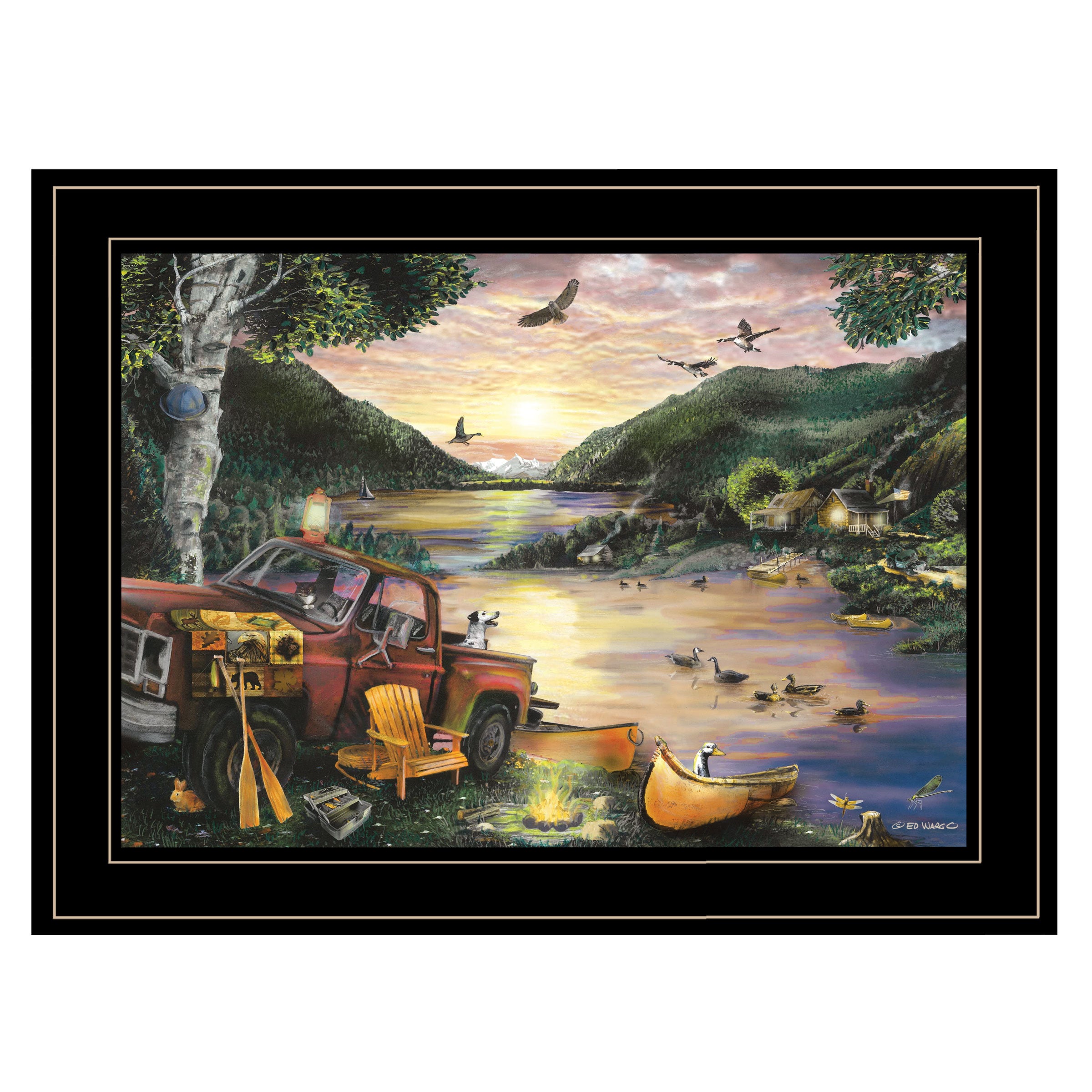 "Lakefront Camping I" By Ed Wargo, Ready to Hang Framed Print, Black Frame