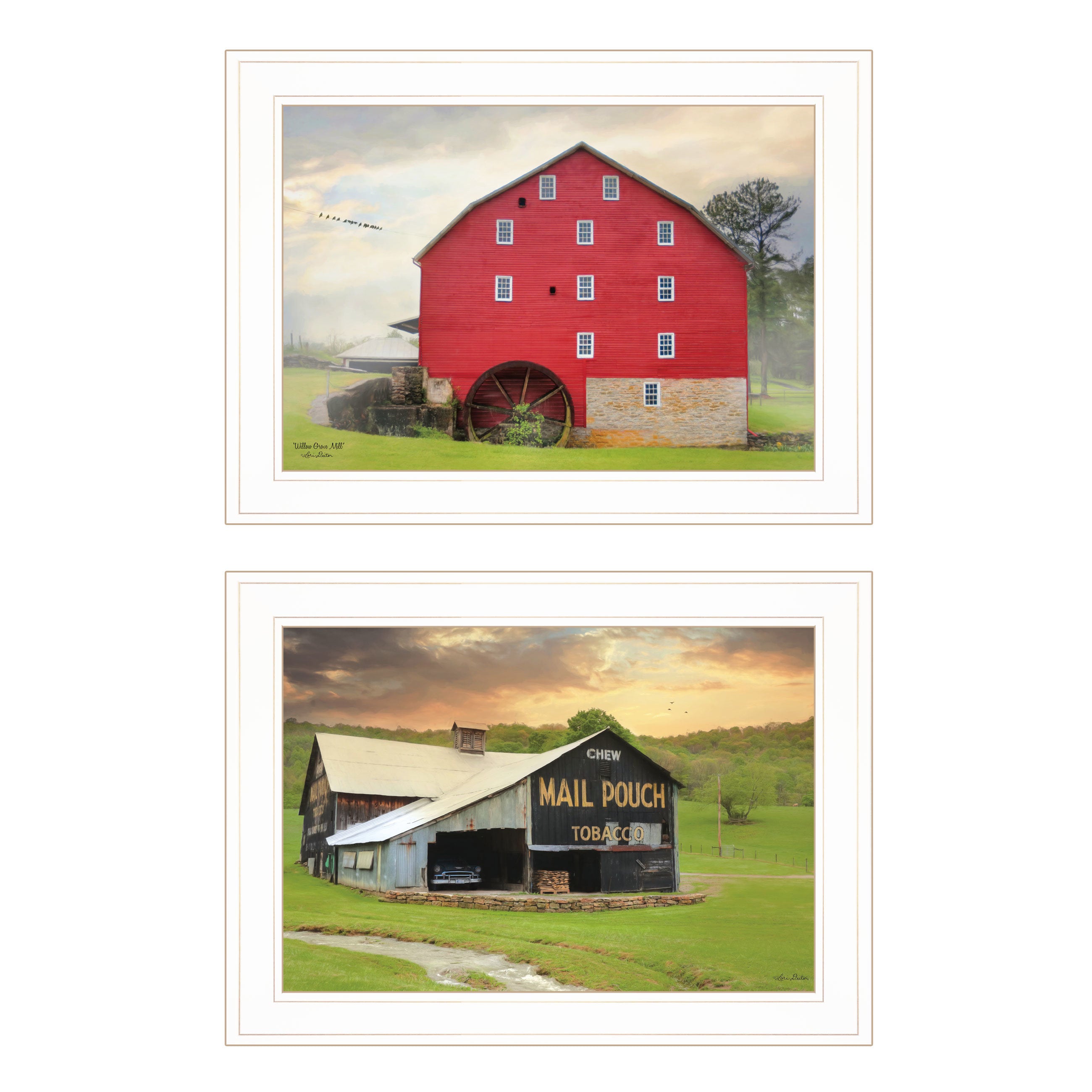 "Mail Pouch Barn and Mill Collection" 2-Piece Vignette By Lori Deiter, Ready to Hang Framed Print, White Frame