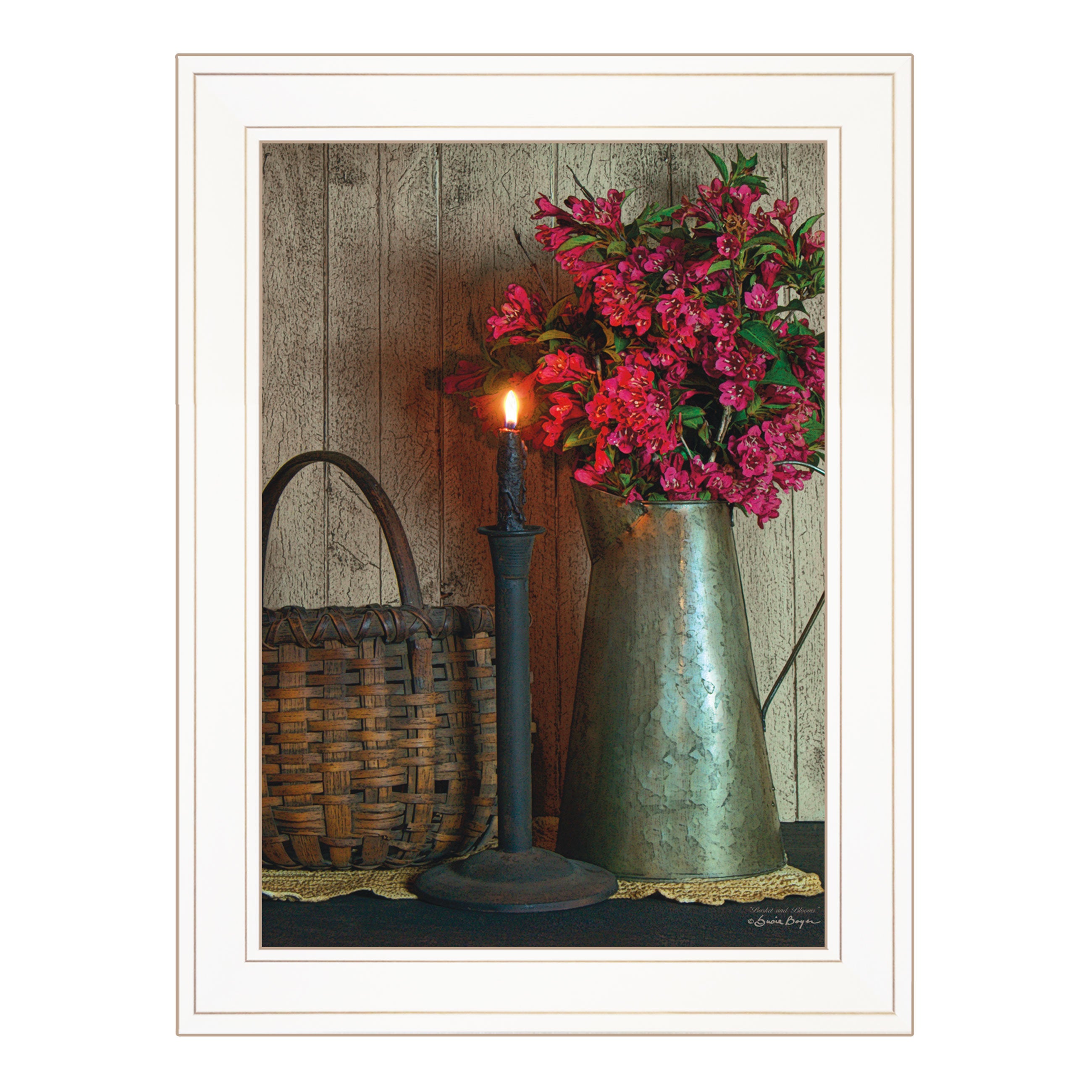 "Basket & Blossoms" By Susie Boyer, Ready to Hang Framed Print, White Frame