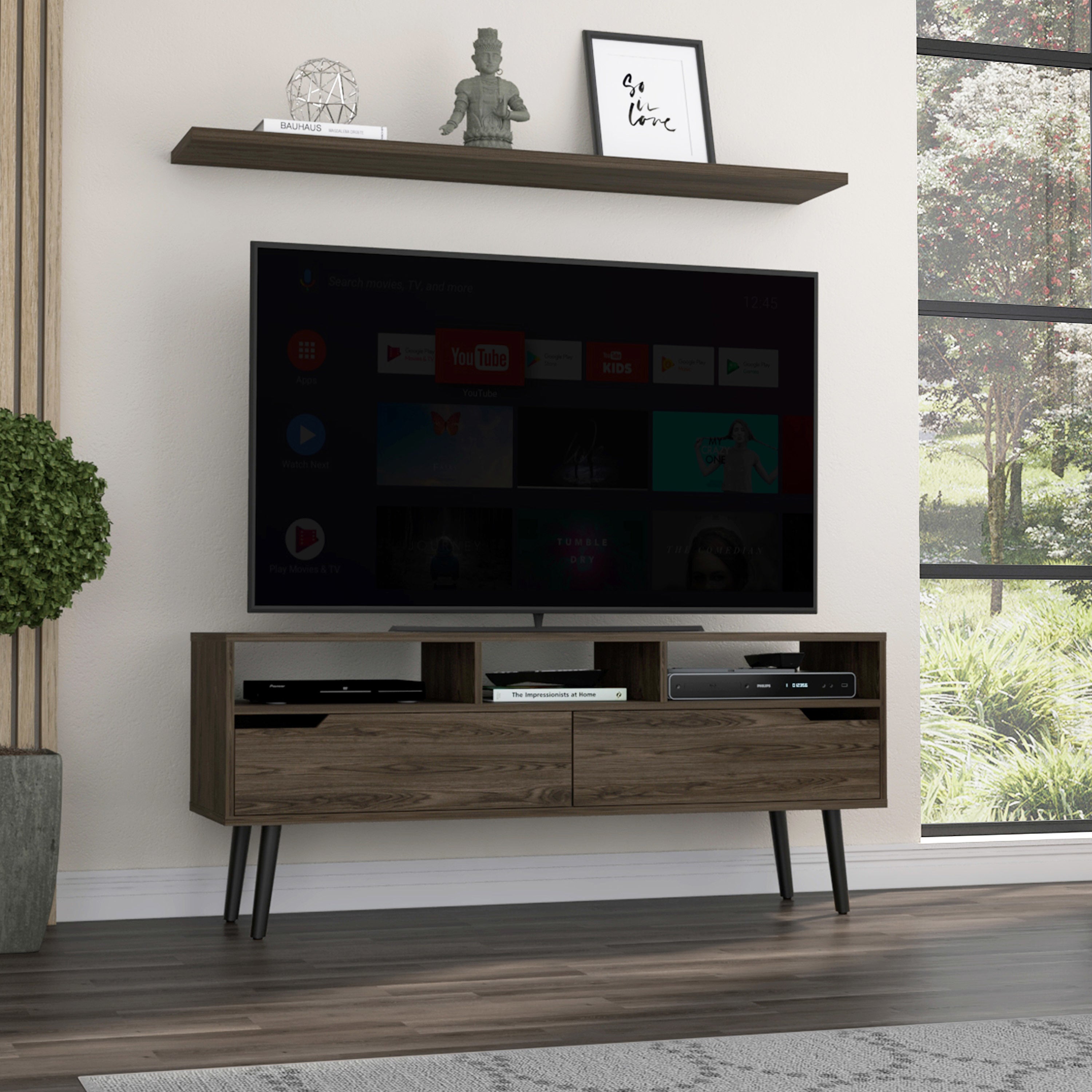 Oslo Tv Stand for TV´s up 51"; Two Drawers; Four Legs; Three Open Shelves -Dark Walnut