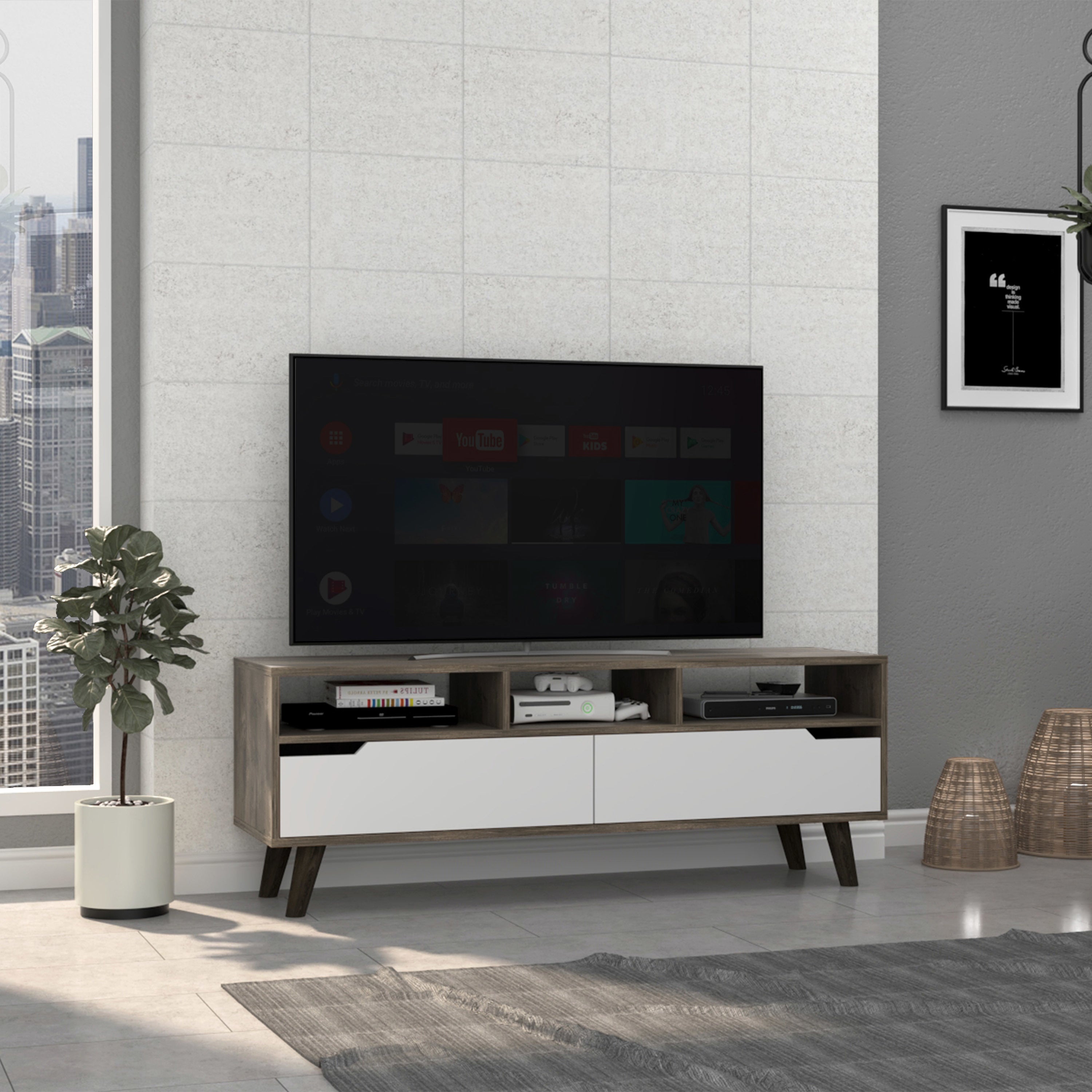 Oslo Tv Stand for TV´s up 51"; Two Drawers; Four Legs; Three Open Shelves -Dark Brown / White