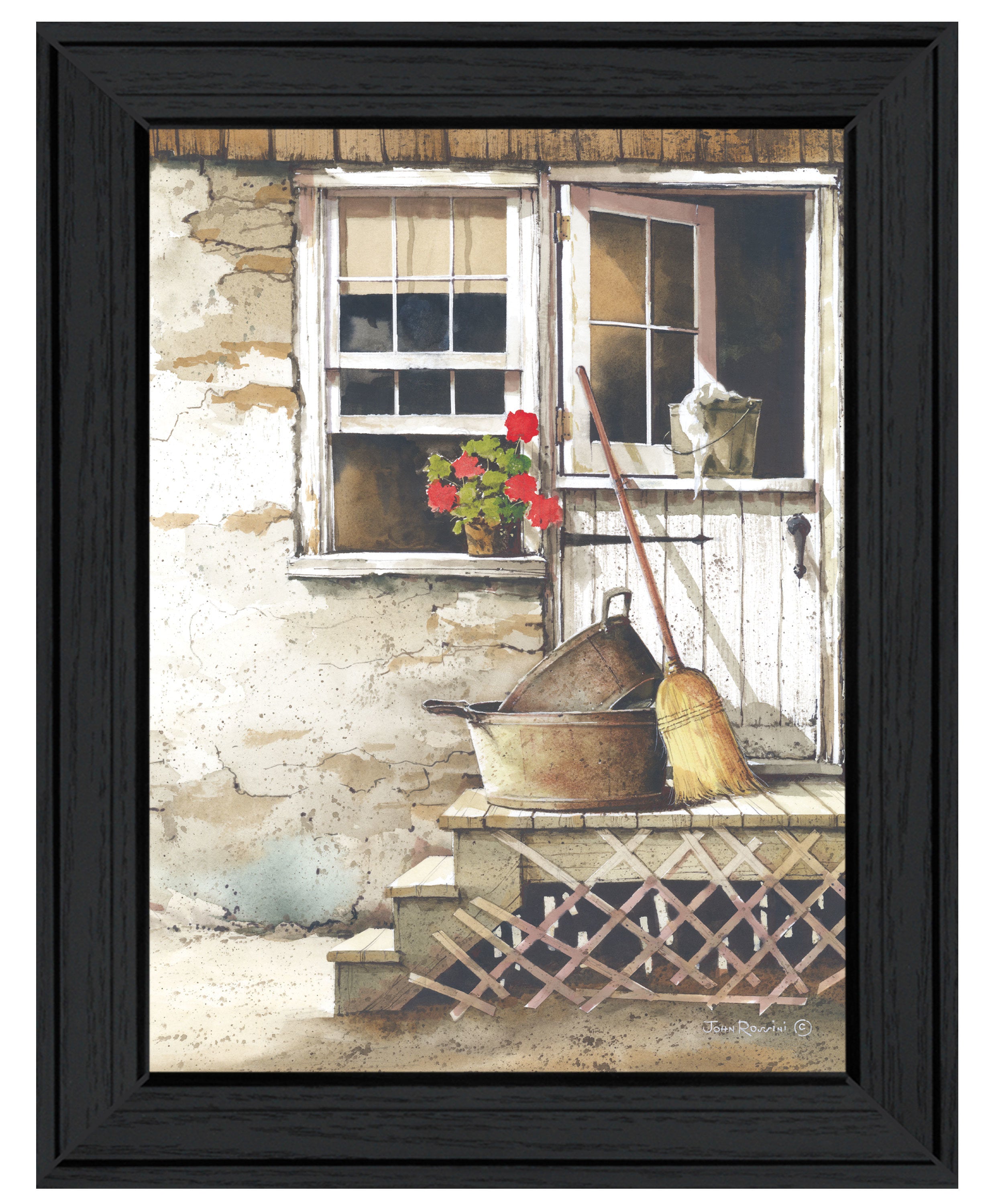 "Cleaning Day" by Artisan John Rossini, Ready to Hang Framed Print, Black Frame
