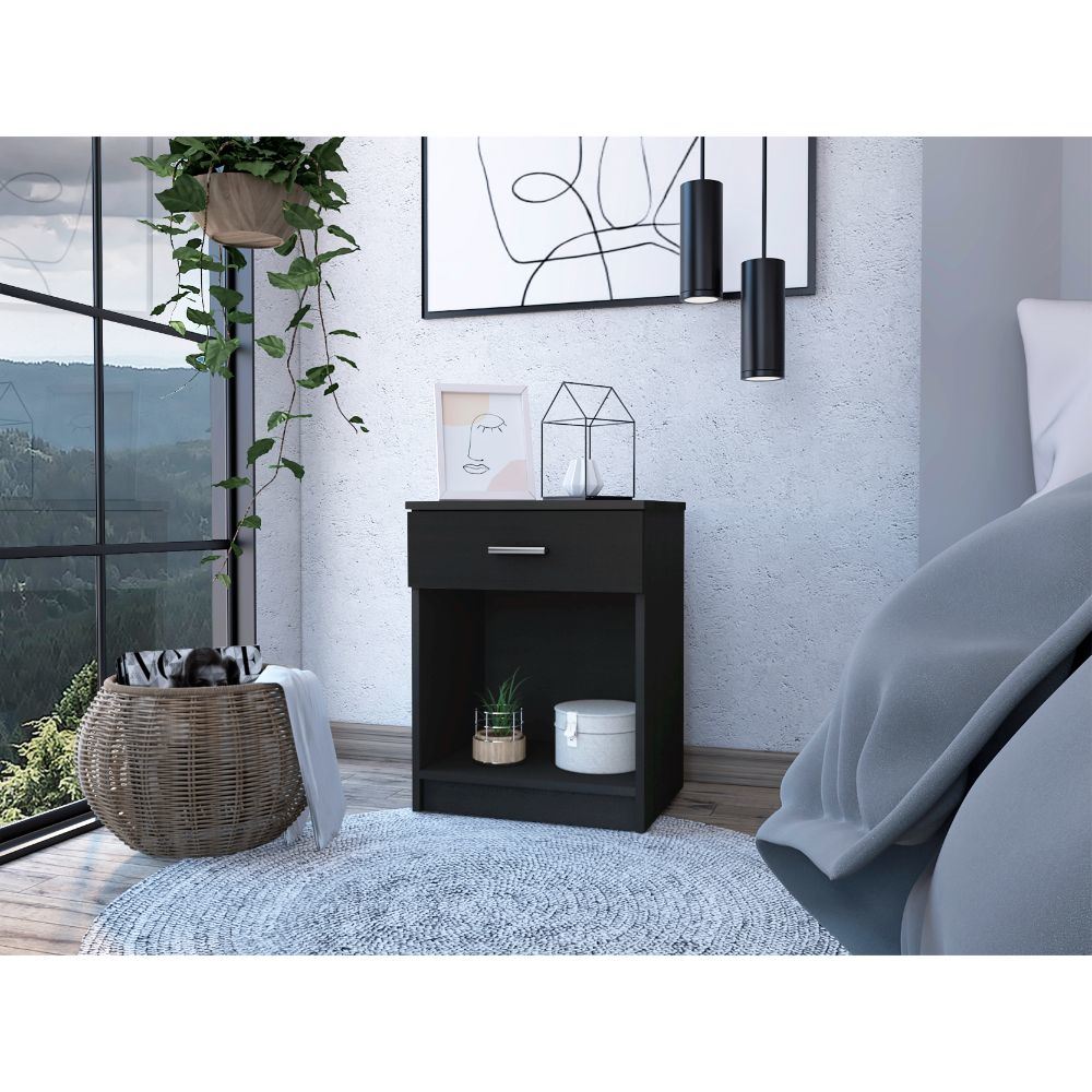 Eco Nightstand; Superior Top; One Drawer; Lower Shelf -Black