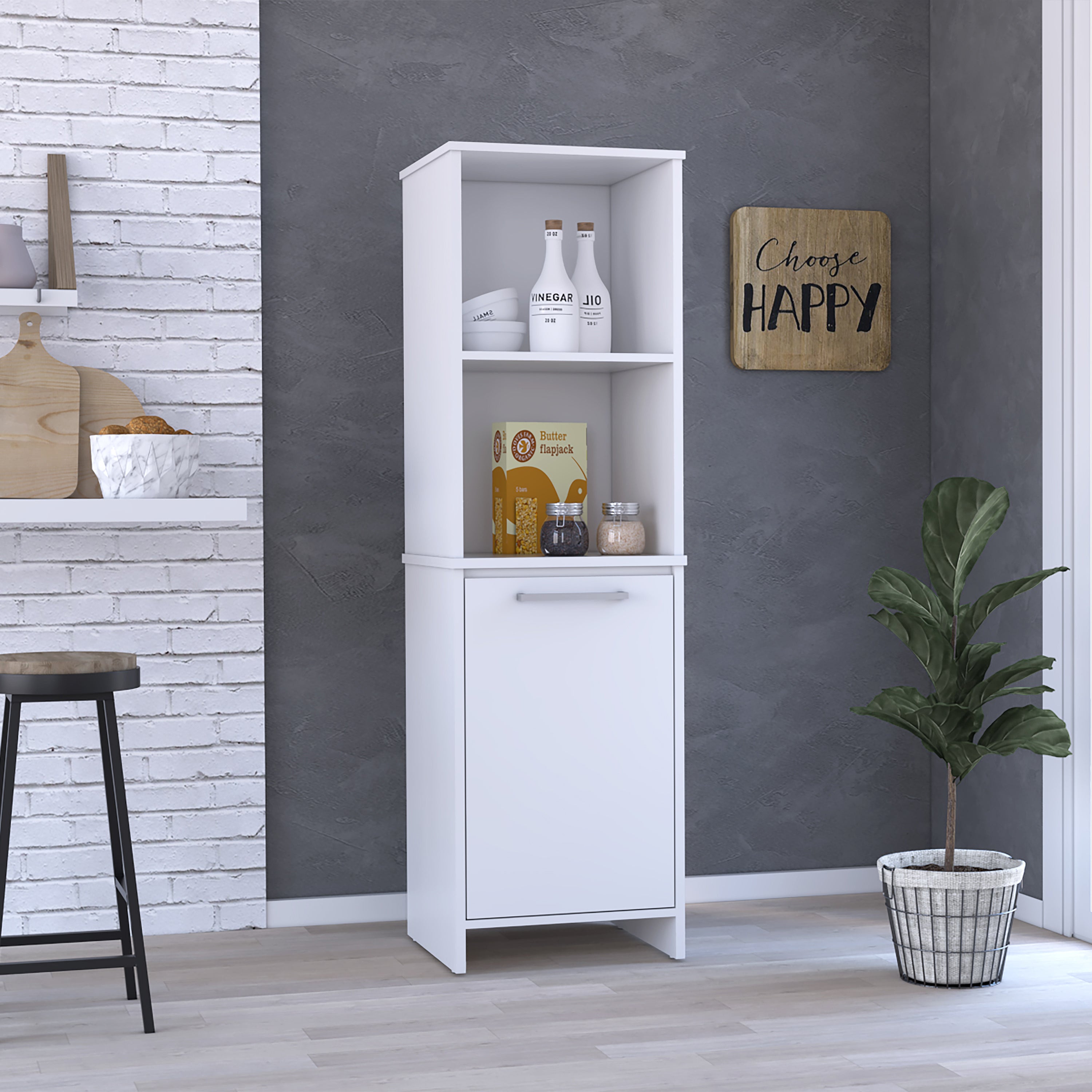 Eiffel Kitchen Pantry; Two External Shelves; Single Door Cabinet; Two Interior Shelves White -White