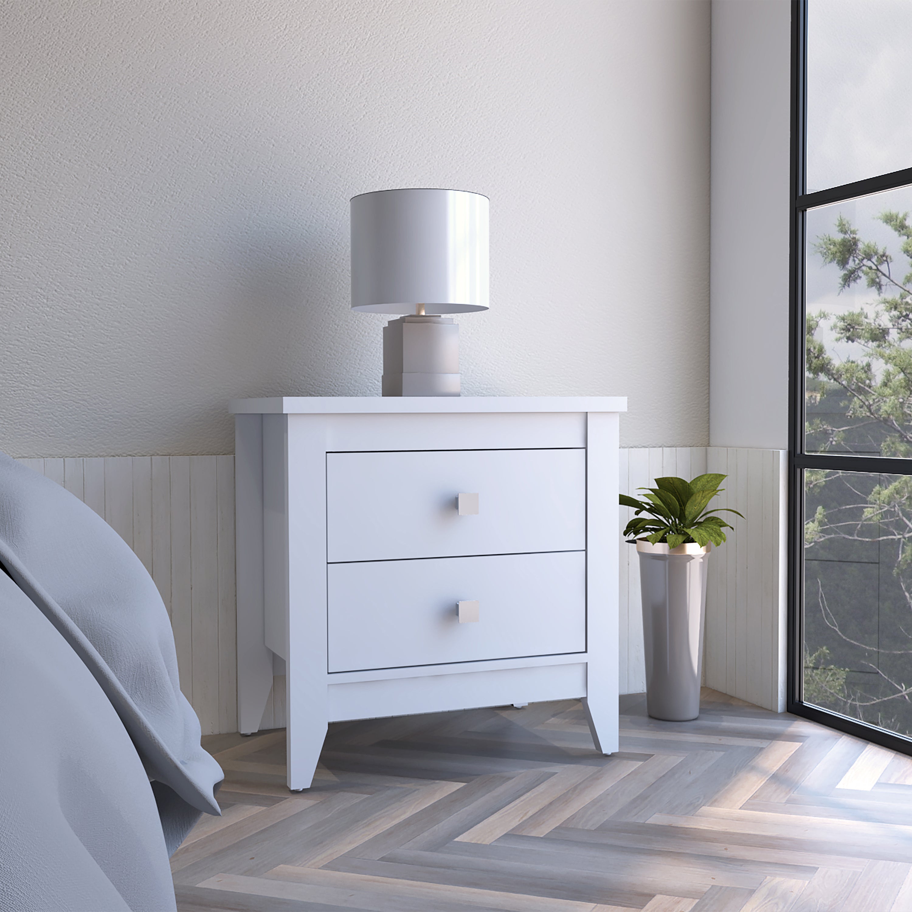 Amara Nightstand; Two Shelves; Four Legs -White