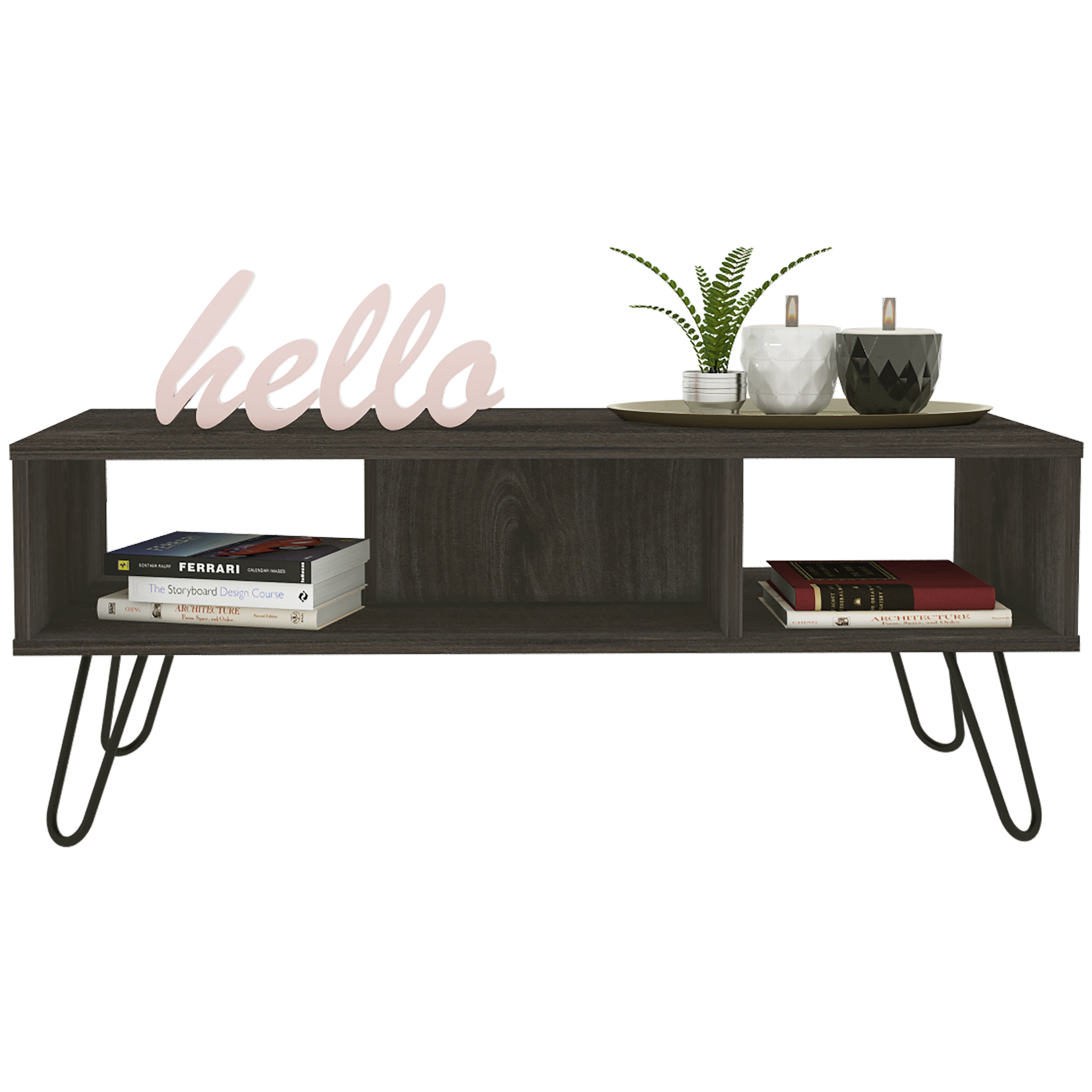 Vassel Coffee Table; Hairpin Legs; Two Shelves -Espresso