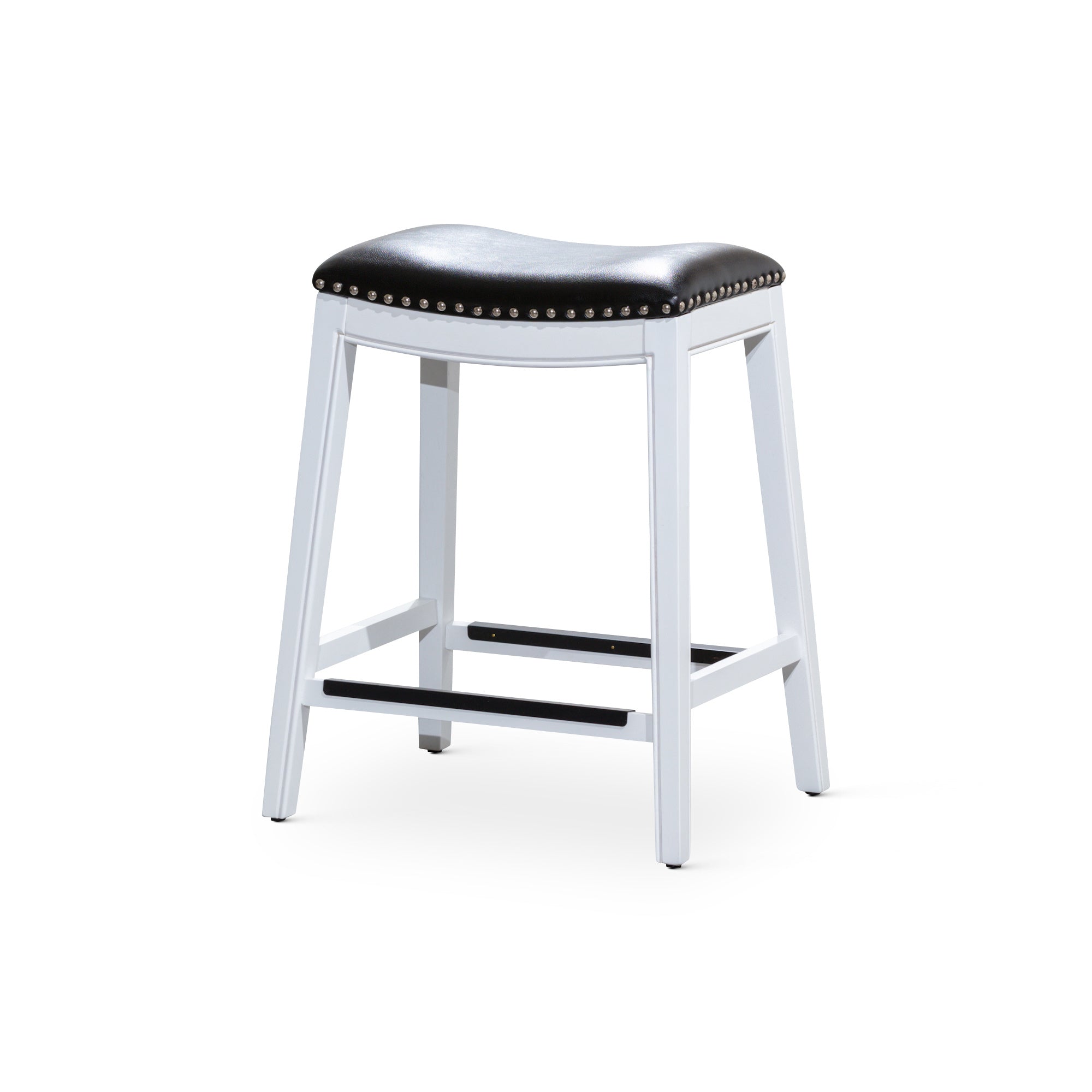 24" Counter Stool, White Finish, Black Leather Seat