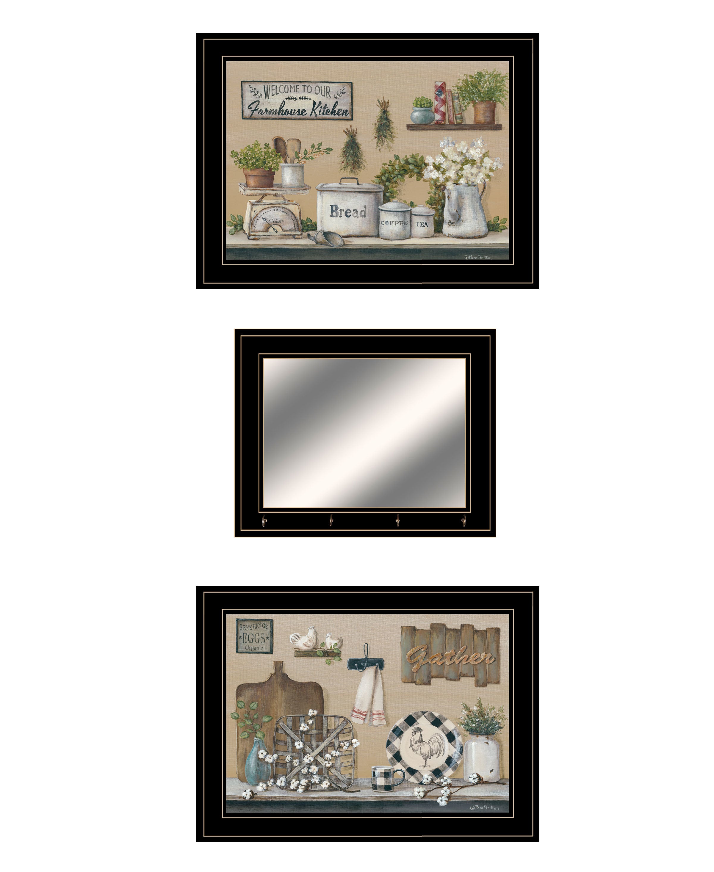 "Farmhouse Kitchen" 3-Piece Vignette By Pam Britton, Ready to Hang Framed Print, Black Frame