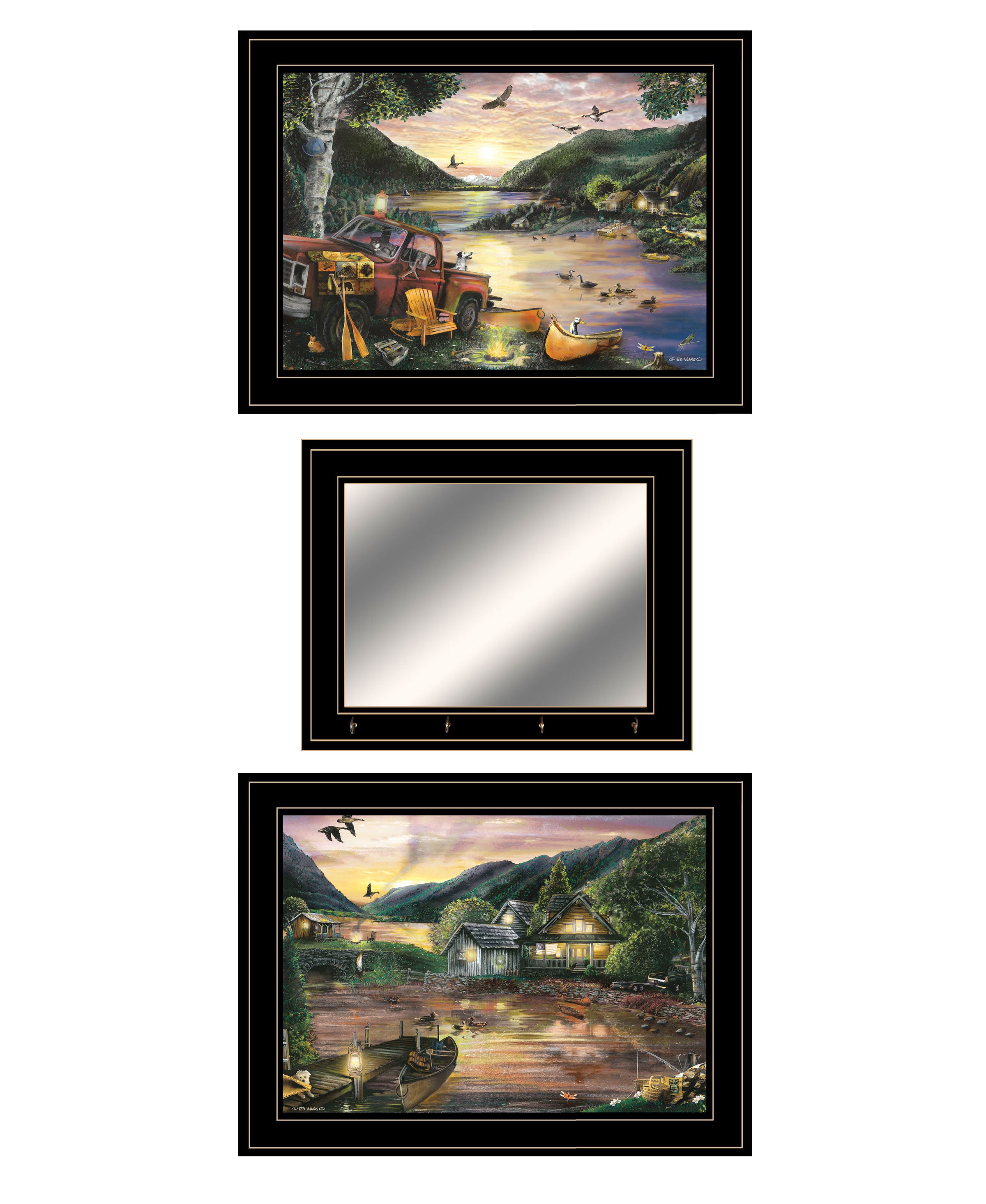 "Lakefront Camping" 3-Piece Vignette By Ed Wargo, Ready to Hang Framed Print, Black Frame