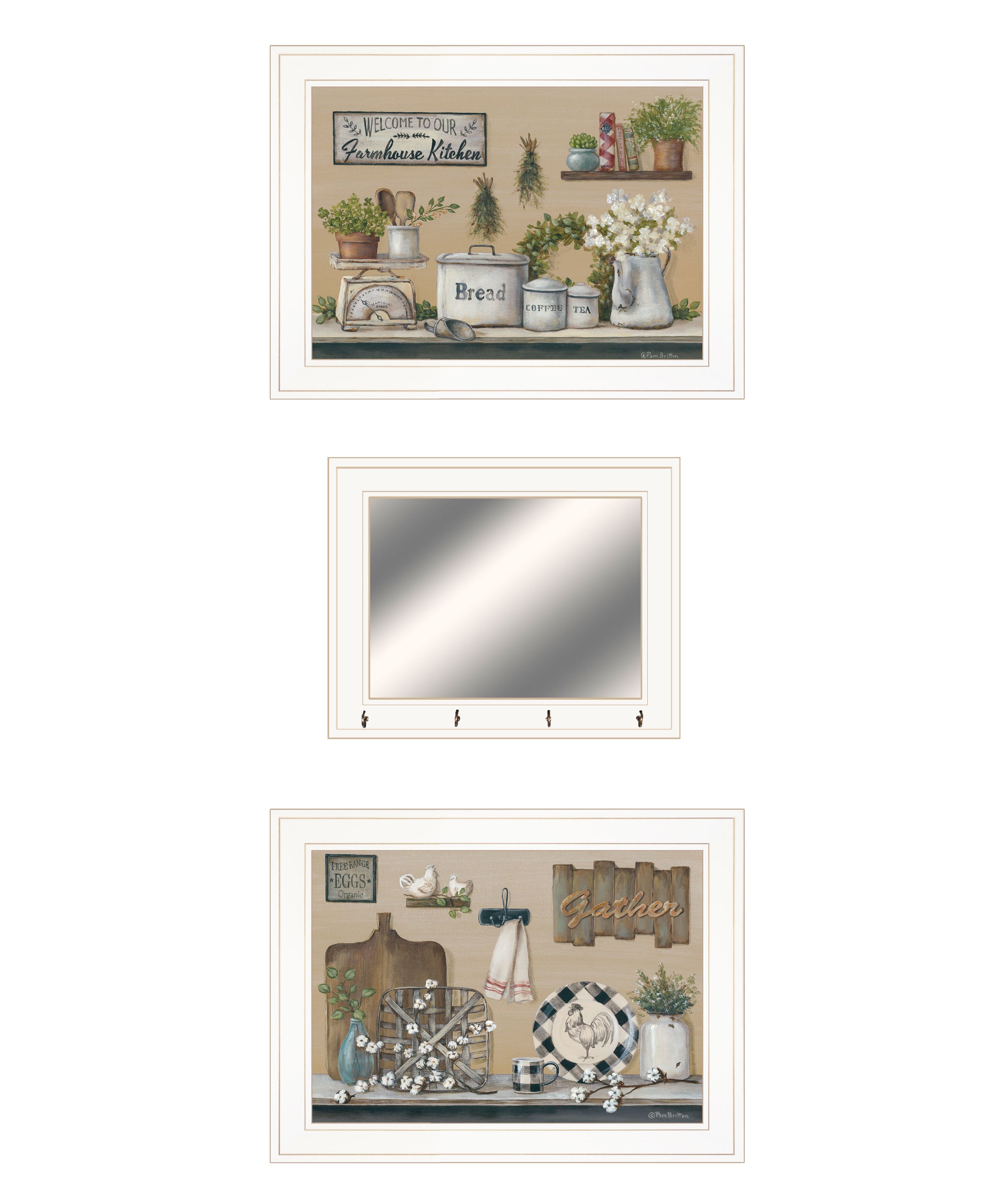 "Farmhouse Kitchen" 3-Piece Vignette By Pam Britton, Ready to Hang Framed Print, White Frame