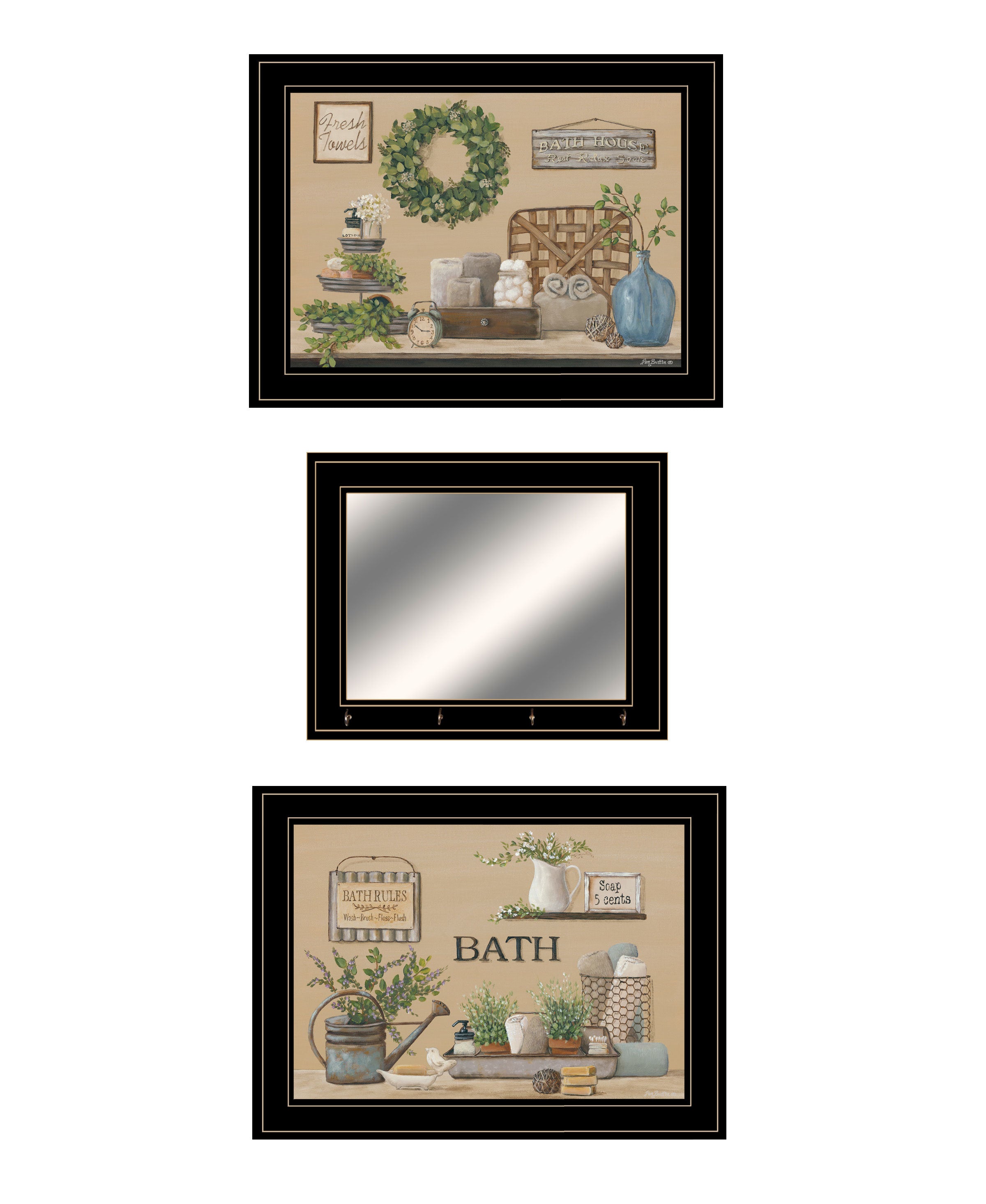 "Bath Time" 3-Piece Vignette By Pam Britton, Ready to Hang Framed Print, Black Frame