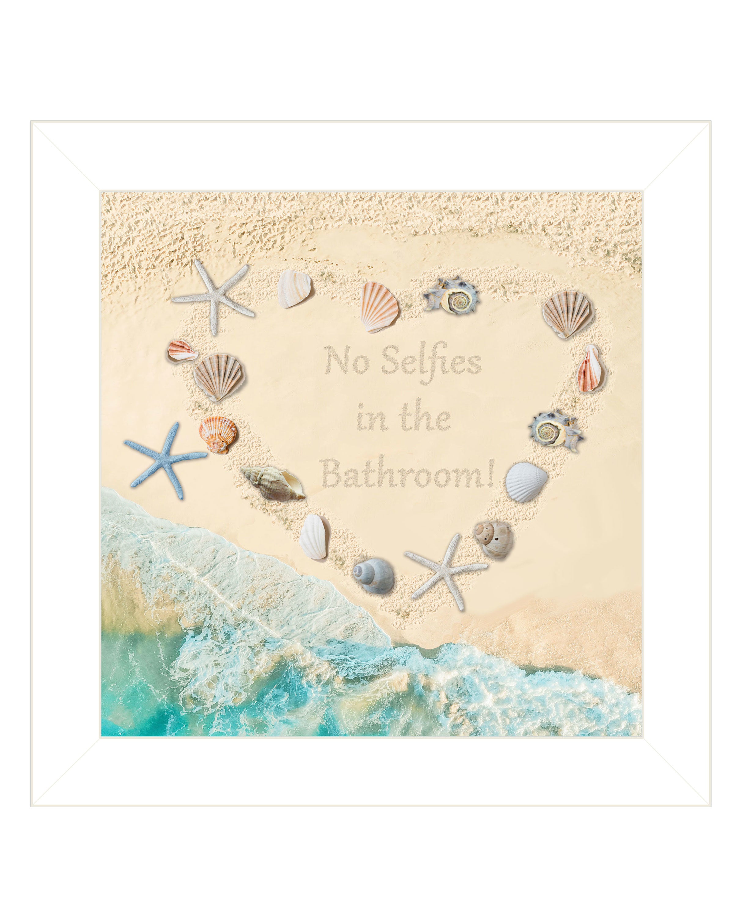 "No Selfies in the Bathroom – Sea" by Trendy Decor 4U, Ready to Hang Framed Print, White Frame