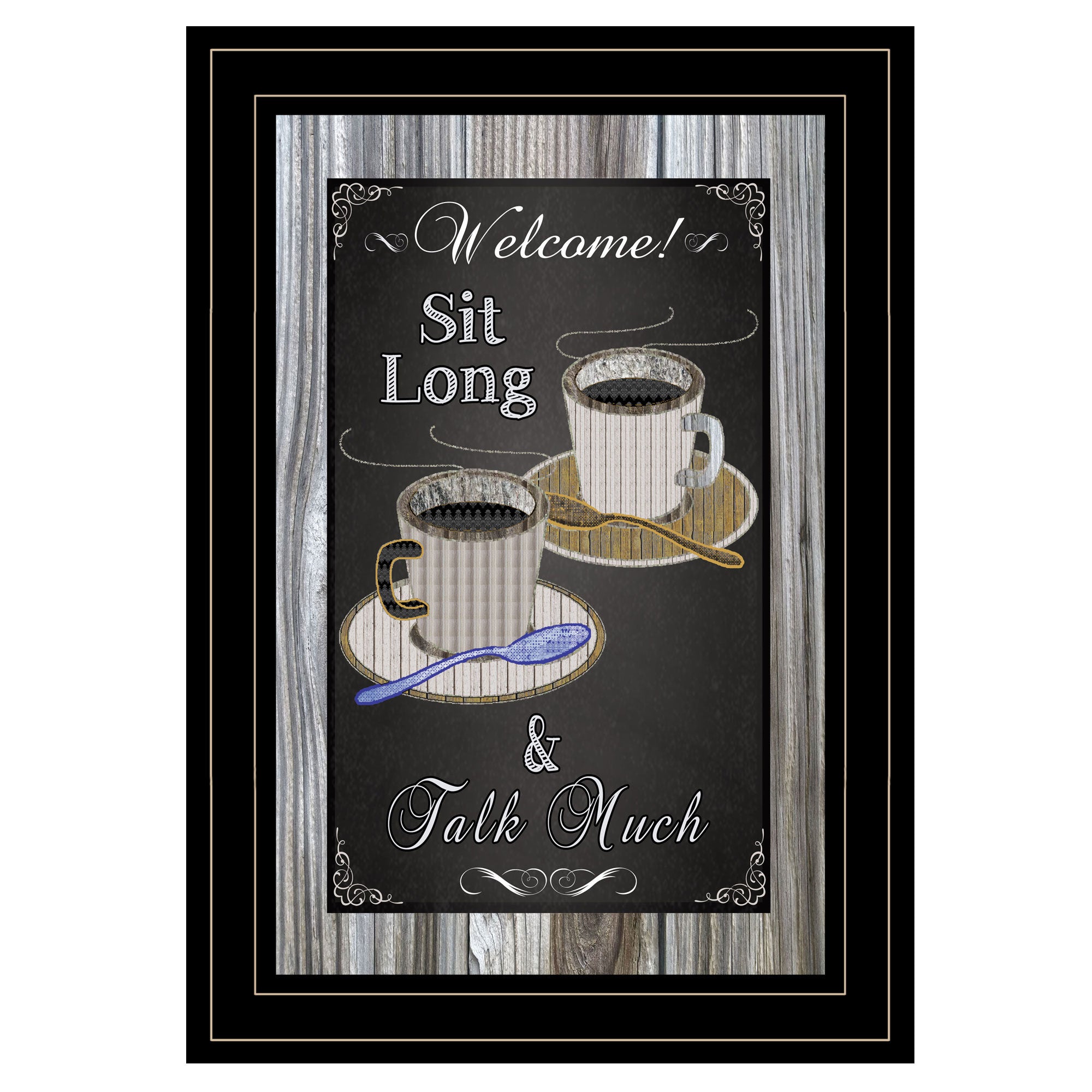 "Sit Long, Talk Much" Chalkboard framed ByTrendy Decor 4U, Ready to Hang Framed Print, Black Frame