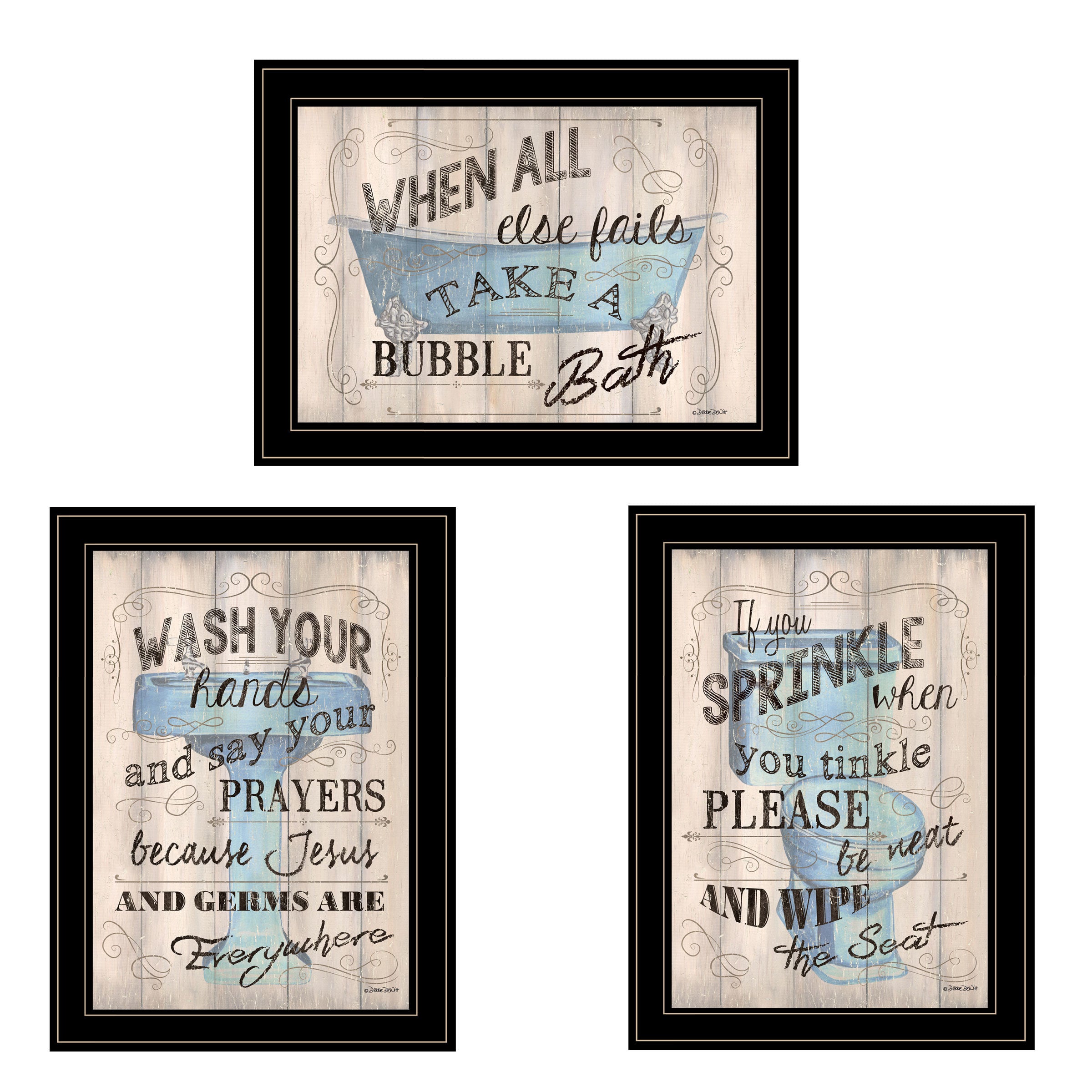 "Bathroom Humor" 3-Piece Vignette By Debbie DeWitt, Black Frame