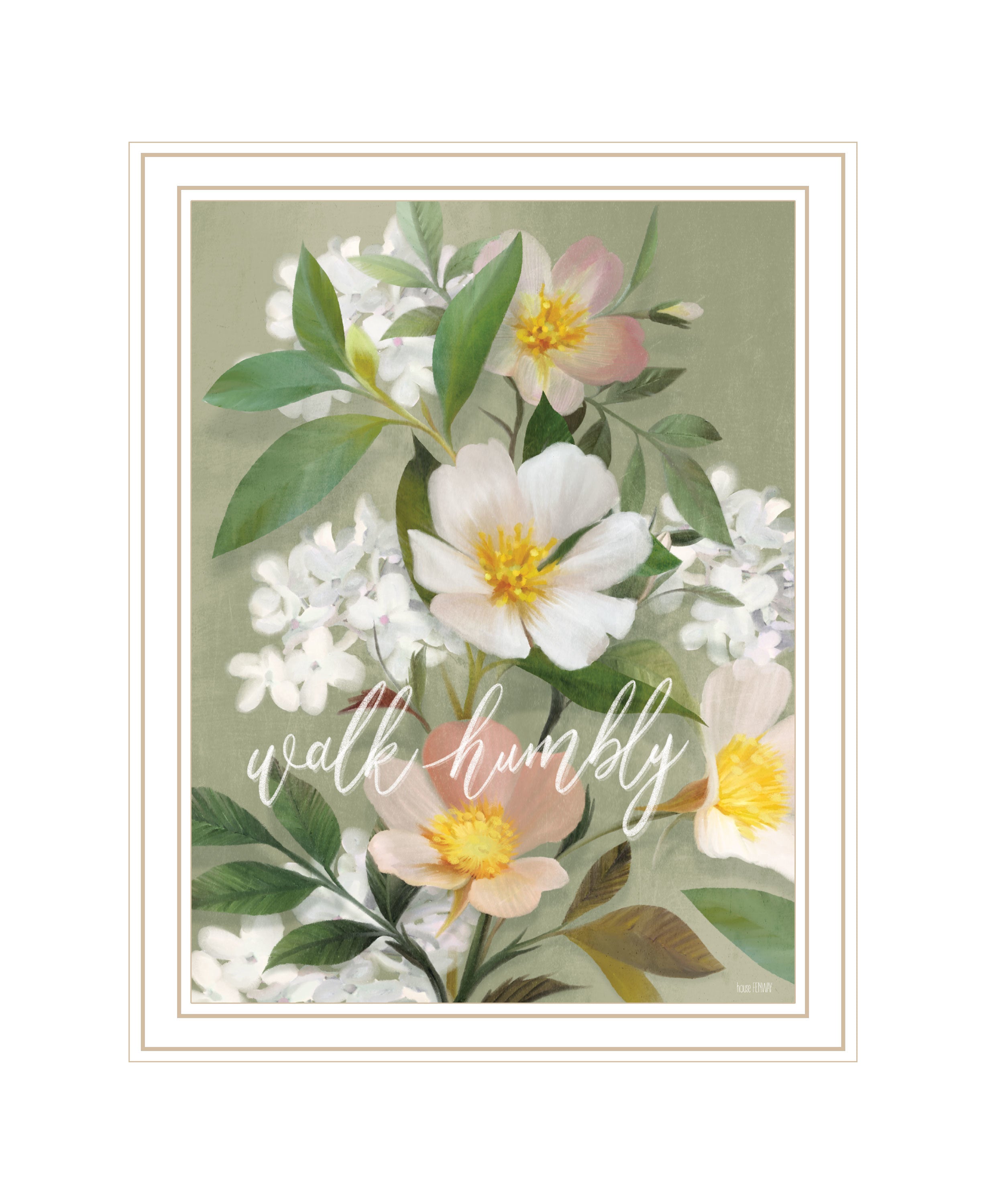 "Walk Humbly Floral" by House Fenway, Ready to Hang Framed Print, White Frame