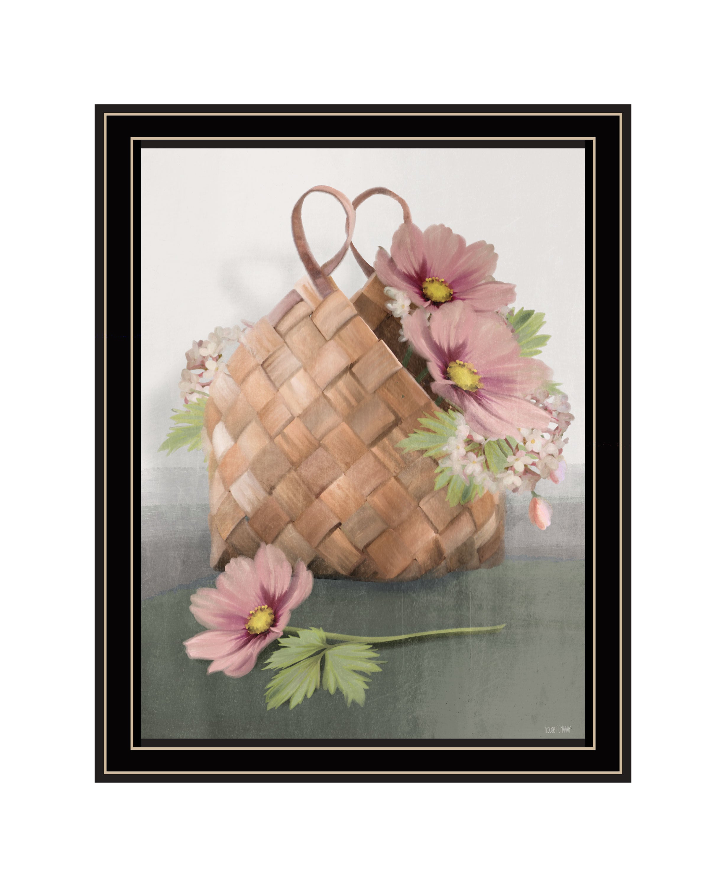 "Farmhouse Daisy Basket" by House Fenway, Ready to Hang Framed Print, Black Frame