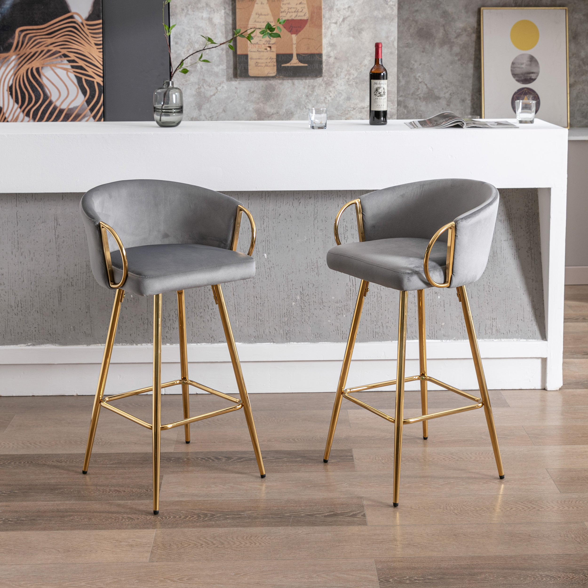 30 Inch Set of 2 Bar Stools,with Chrome Footrest and Base Velvet + Golden Leg Simple Bar Stool,GRAY