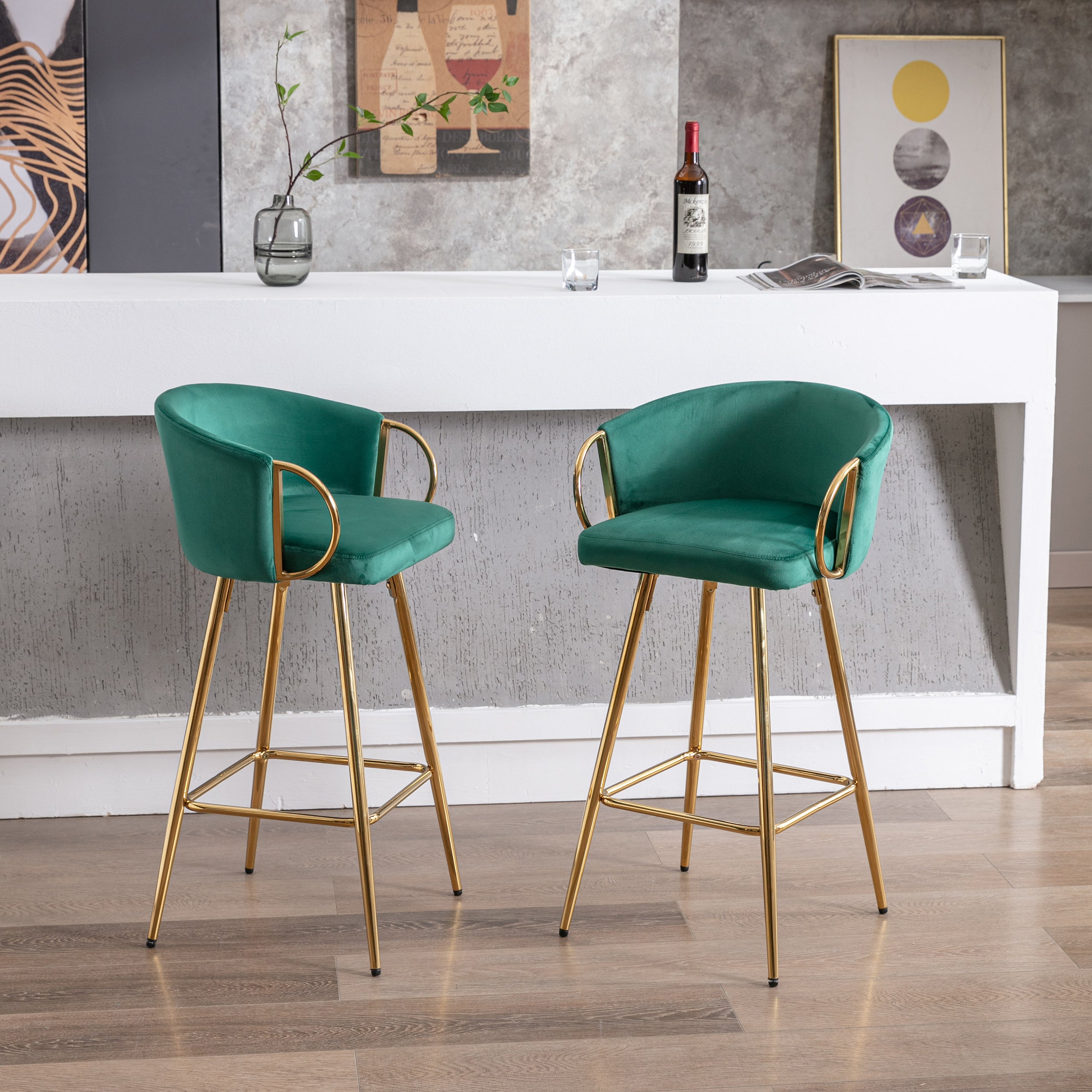 30 Inch Set of 2 Bar Stools,with Chrome Footrest and Base Velvet + Golden Leg Simple Bar Stool,GREEN