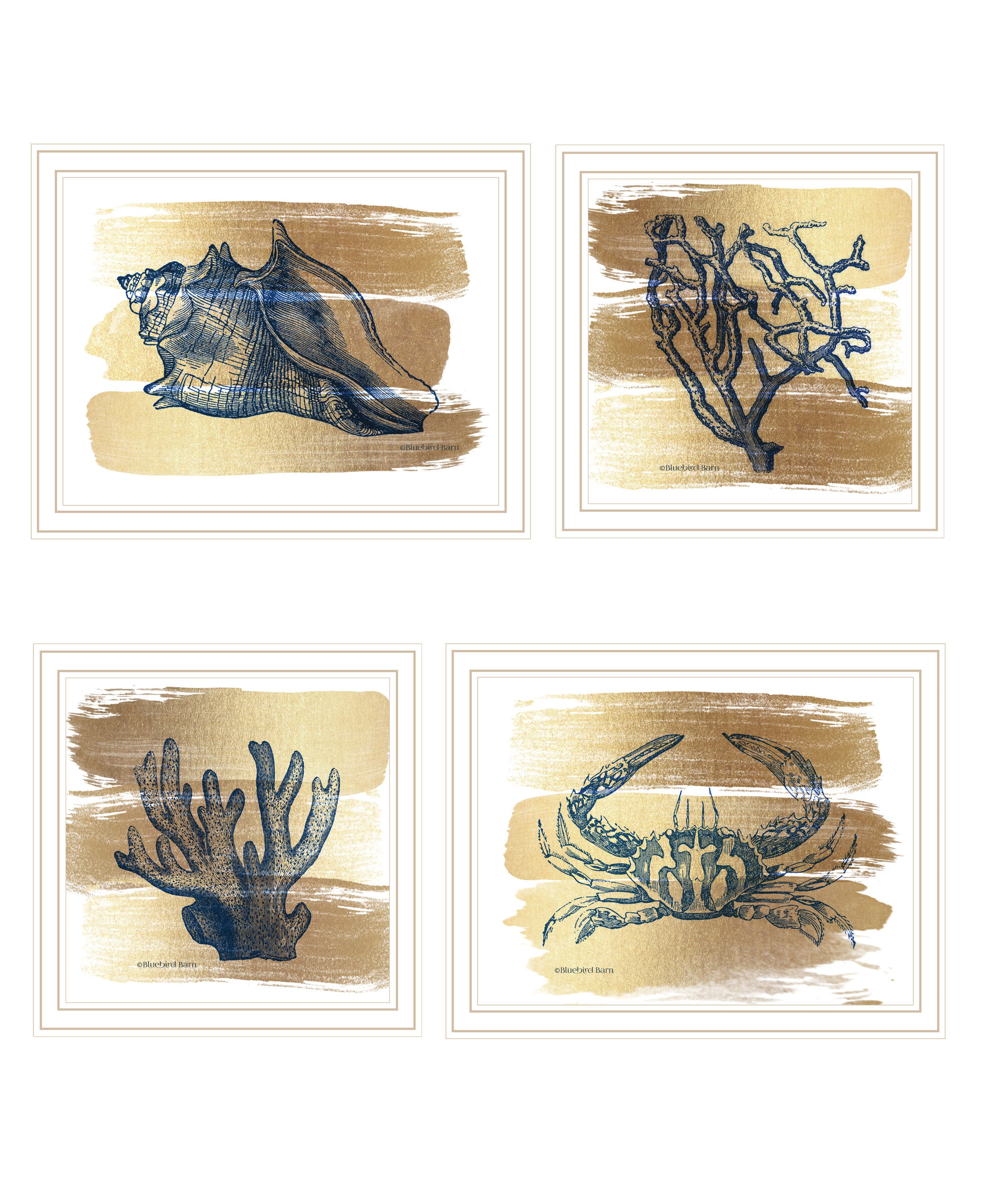 "Gold Sea Collection" 3-Piece Vignette By Bluebird Barn, Ready to Hang Framed Print, White Frame