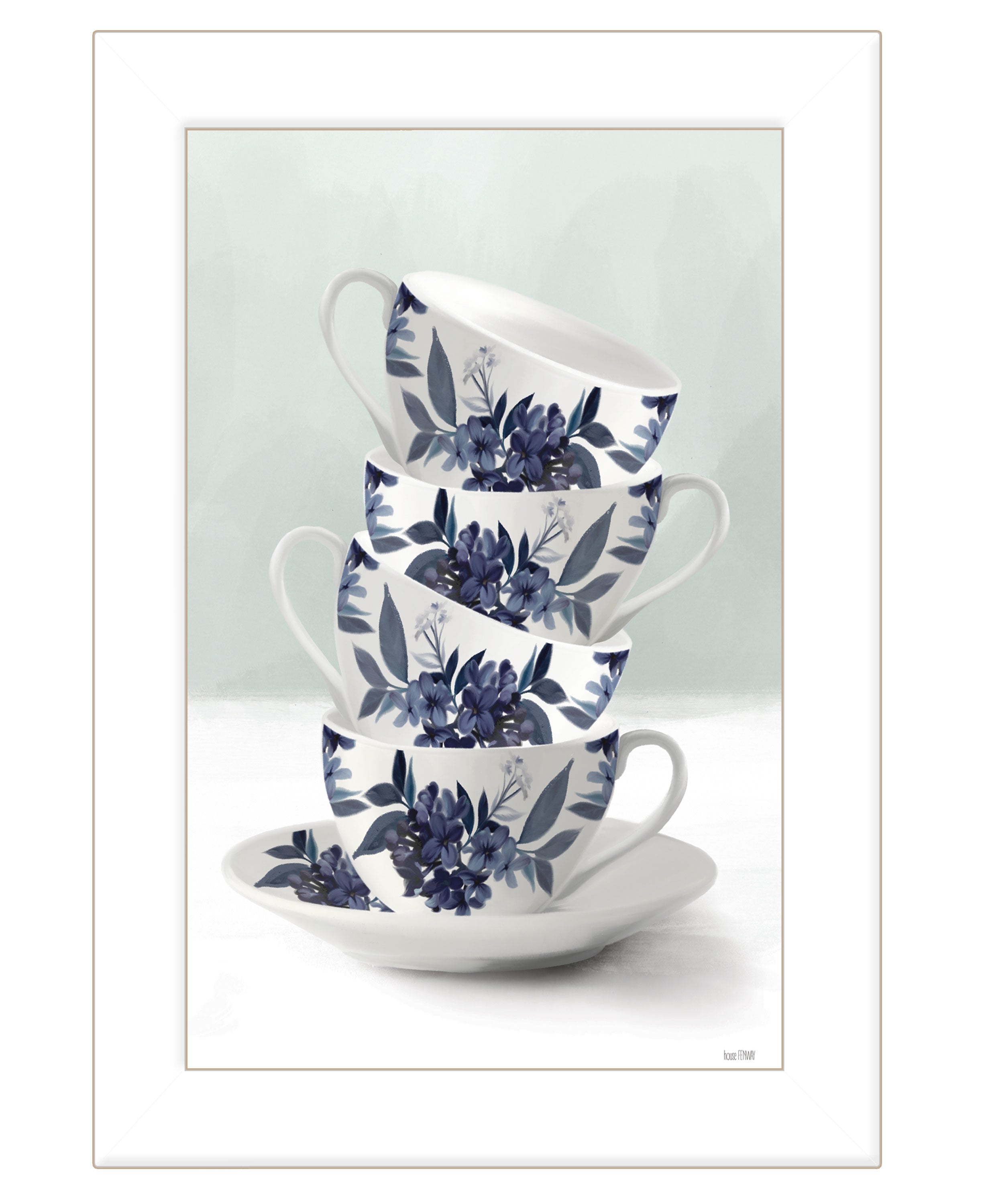 "Tea Tower (Blue)" by House Fenway, Ready to Hang Framed Print, White Frame