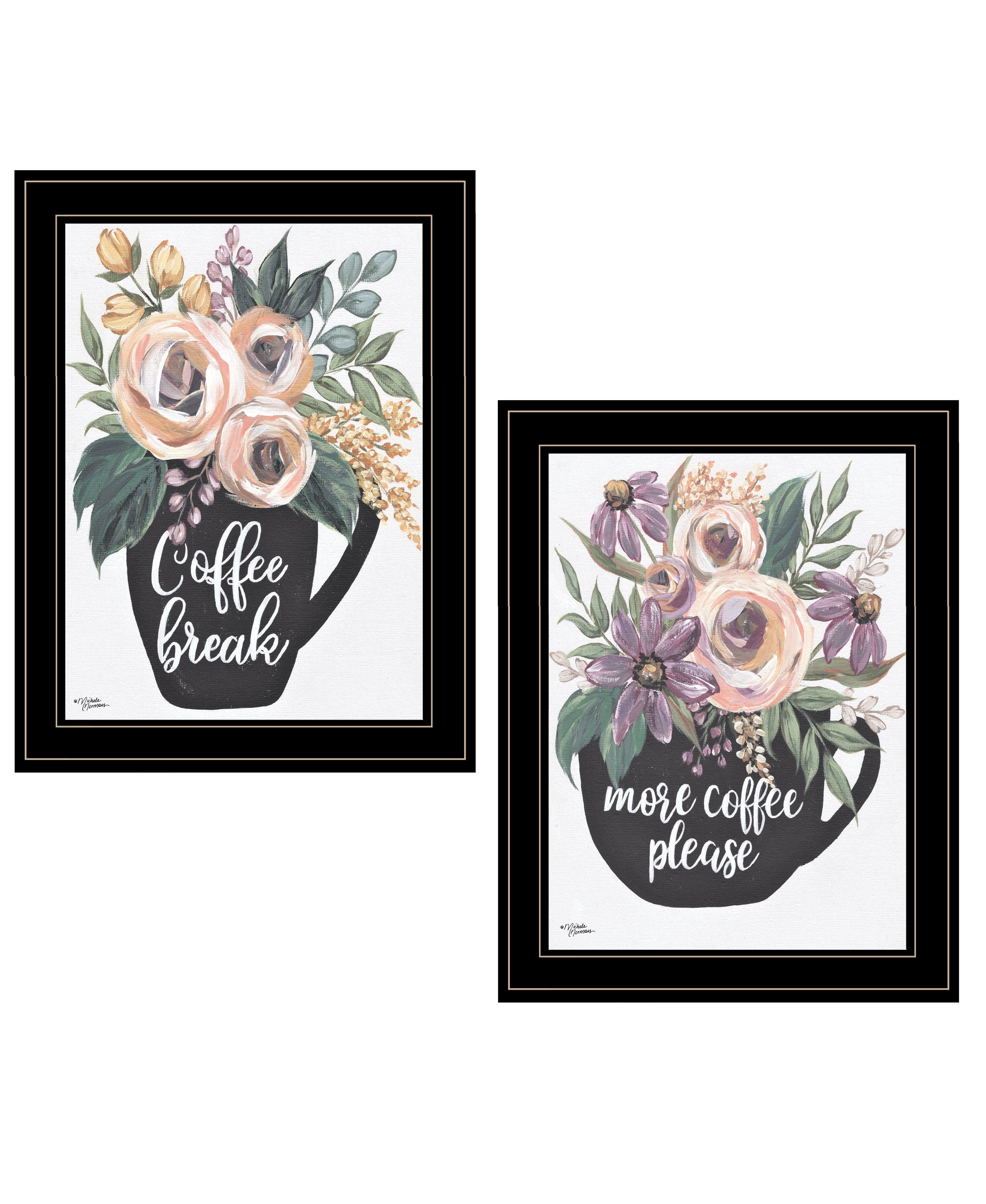 "More Coffee Please/Coffee Break" 2-Piece Vignette by Michele Norman, Ready to Hang Framed Print, Black Frame