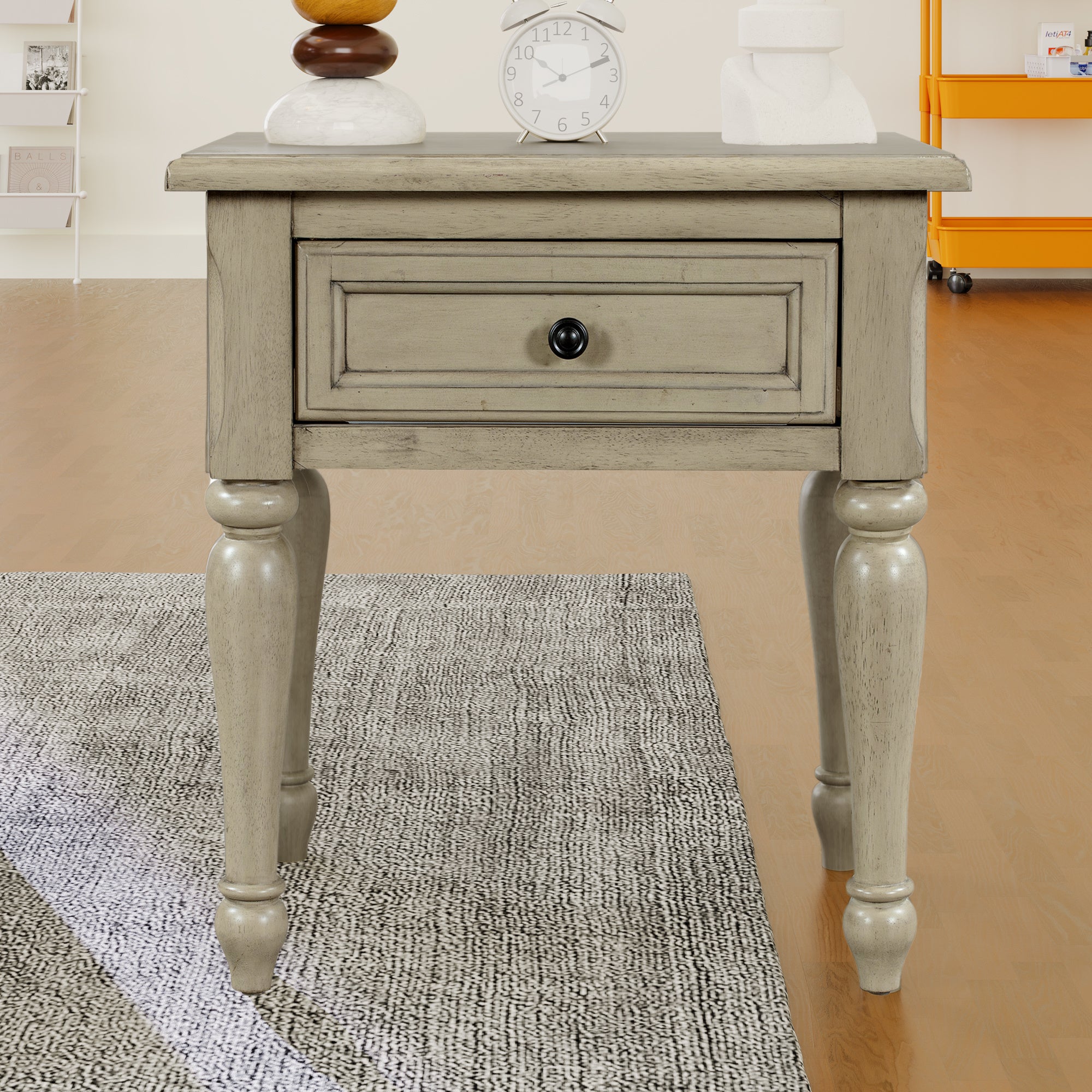 Solid Wood traditional One-Drawer Side Table End Table Nightstand, Stone Gray