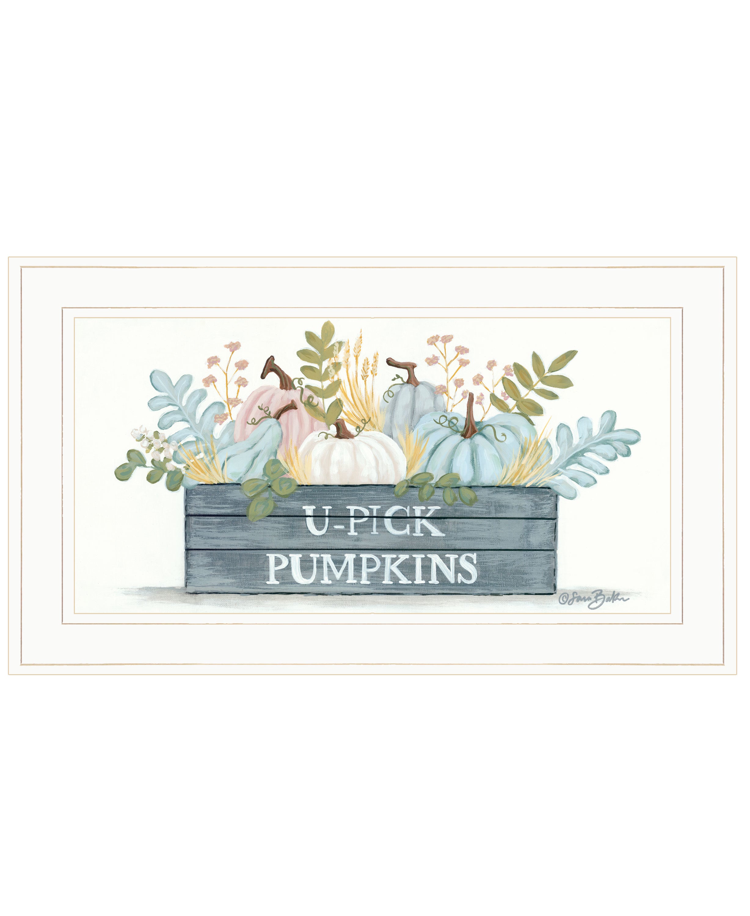 "U-Pick Pumpkins" by Sara Baker, Ready to Hang Framed Print, White Frame