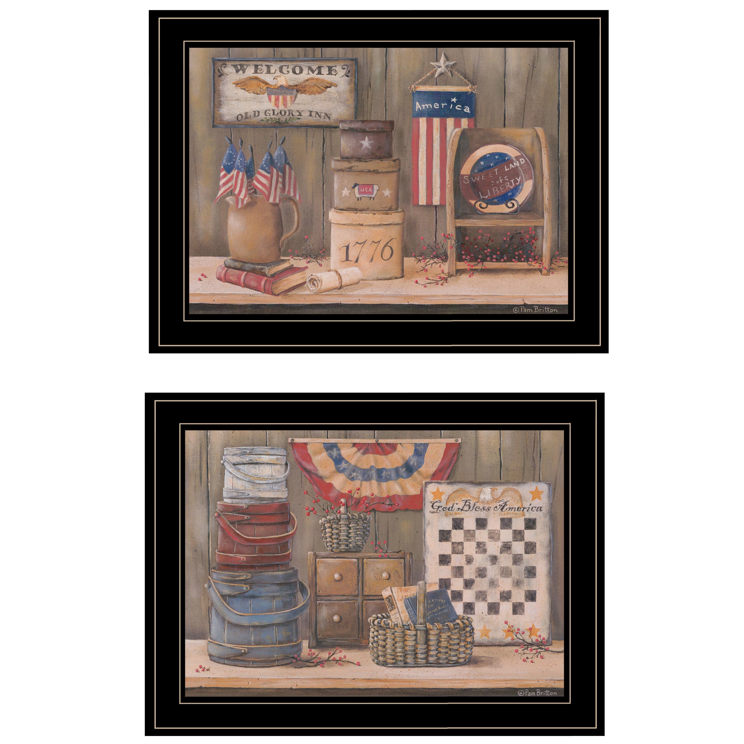 "Sweet Land of Liberty Collection" 2-Piece Vignette By Pam Britton, Ready to Hang Framed Print, Black Frame