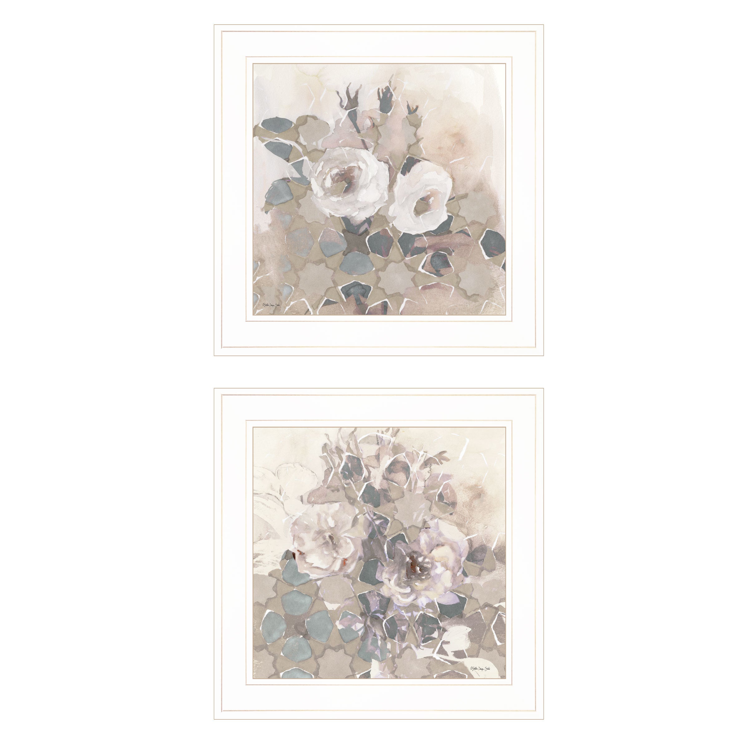 "Transitional Blooms" 2-Piece Vignette By Stellar Design Studio, Ready to Hang Framed Print, White Frame