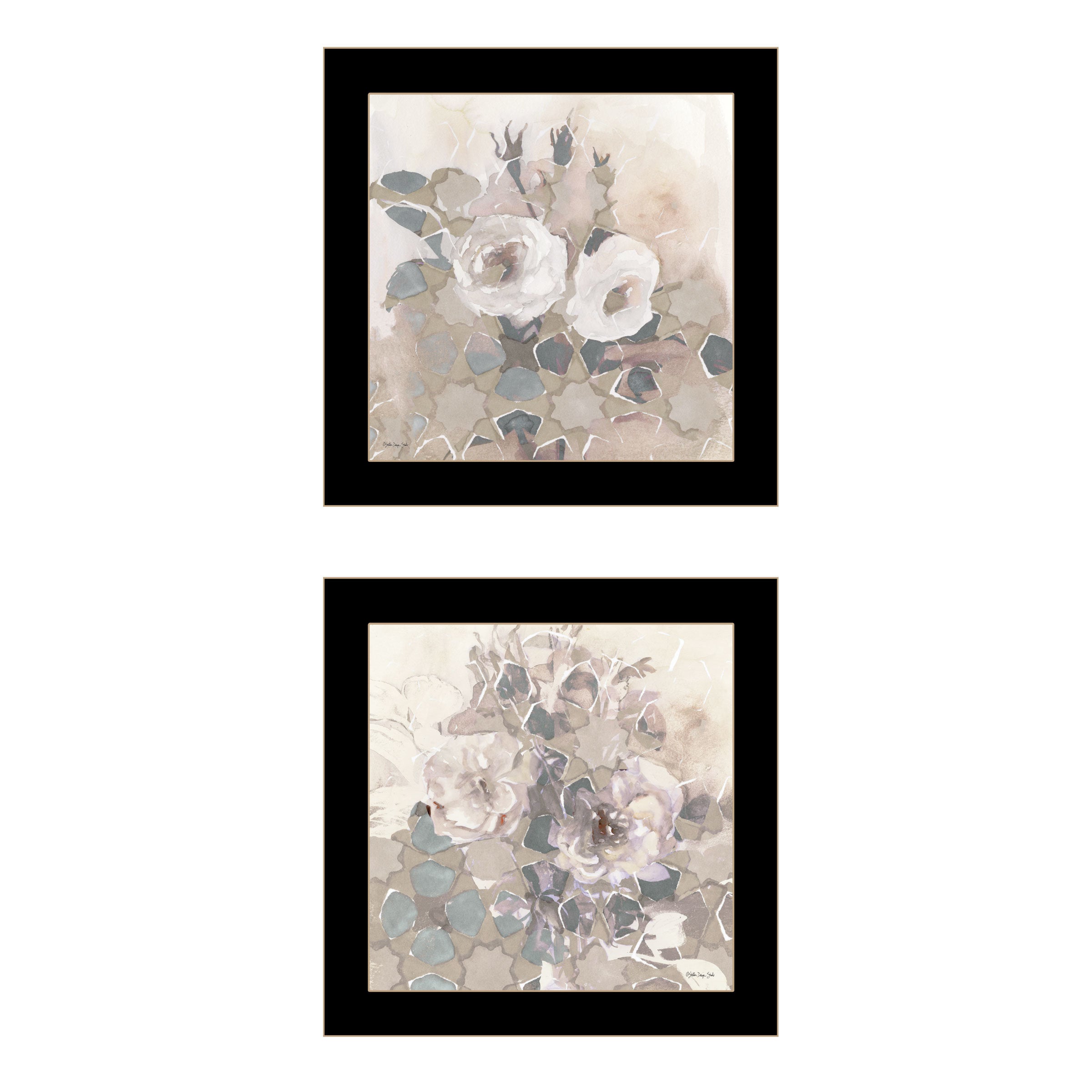 "Transitional Blooms" 2-Piece Vignette By Stellar Design Studio, Ready to Hang Framed Print, Black Frame