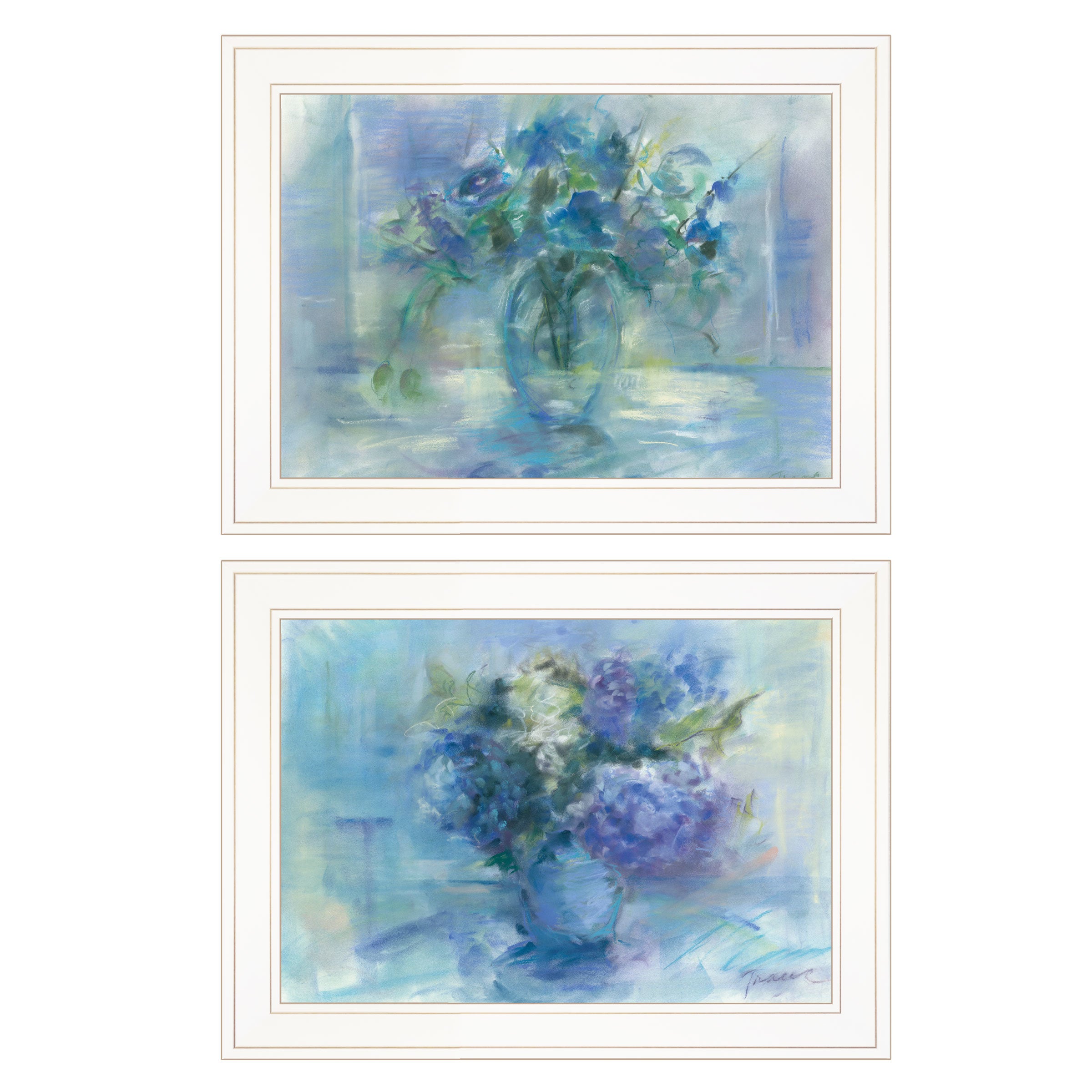 "Susie's Blue Bouquet" 2-Piece Vignette By Tracy Owen, Ready to Hang Framed Print, White Frame