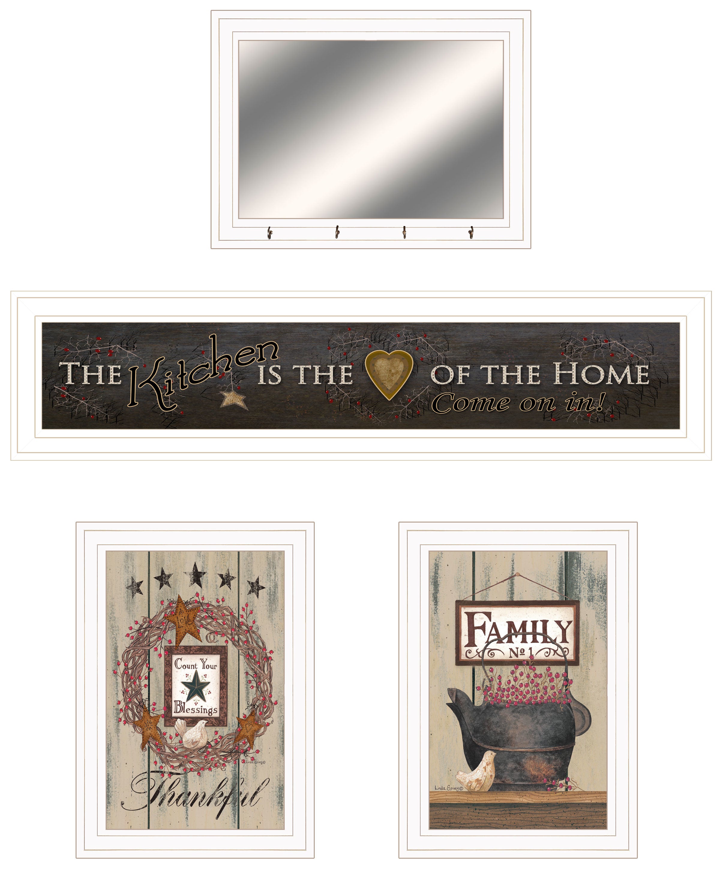 "Primitive Kitchen " 4-Piece Vignette By Trendy Decor 4U, Ready to Hang Framed Print, White Frame