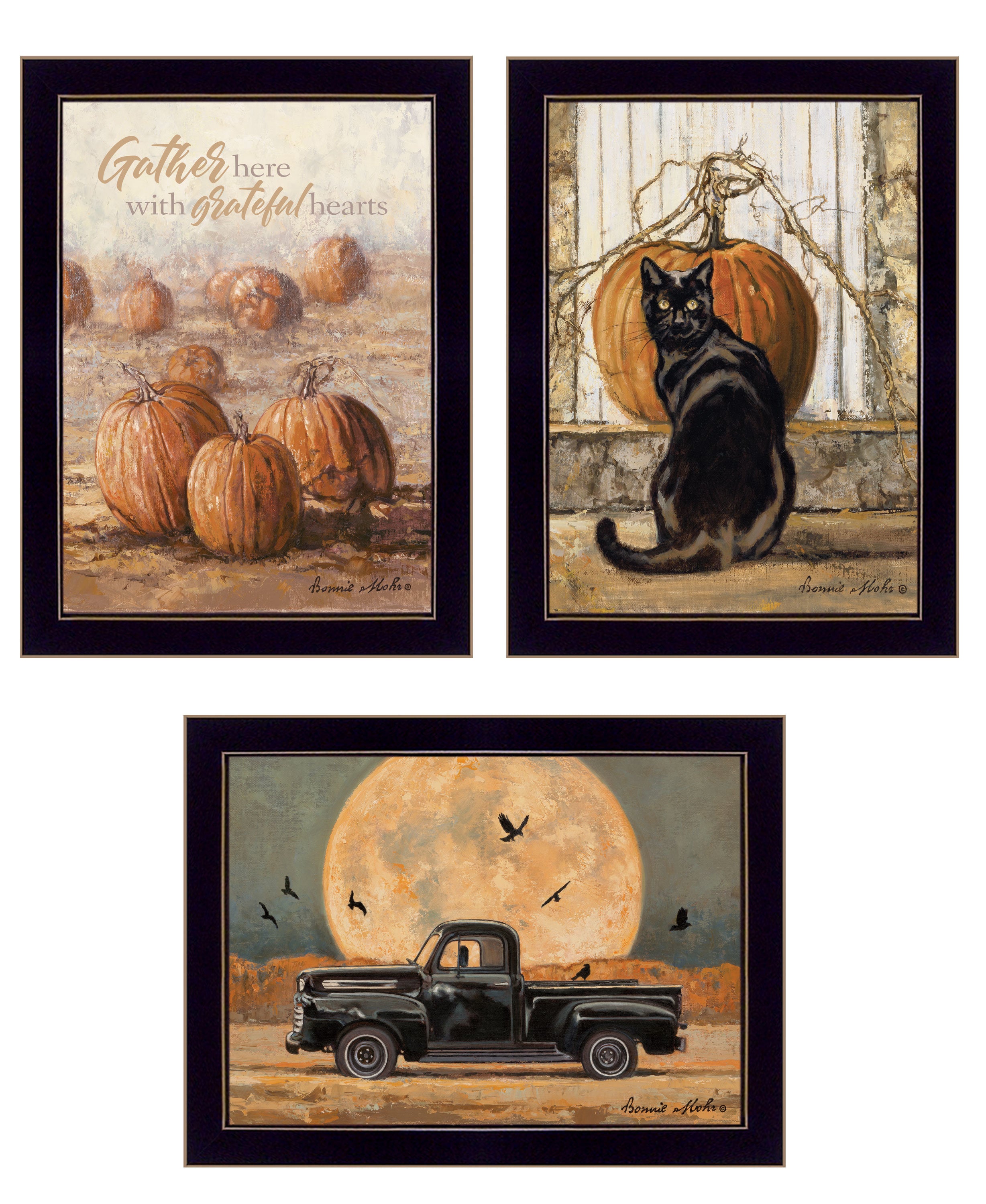 "Harvest Moon III" 3-Piece Vignette By Bonnie Mohr, Ready to Hang Framed Print, Black Frame