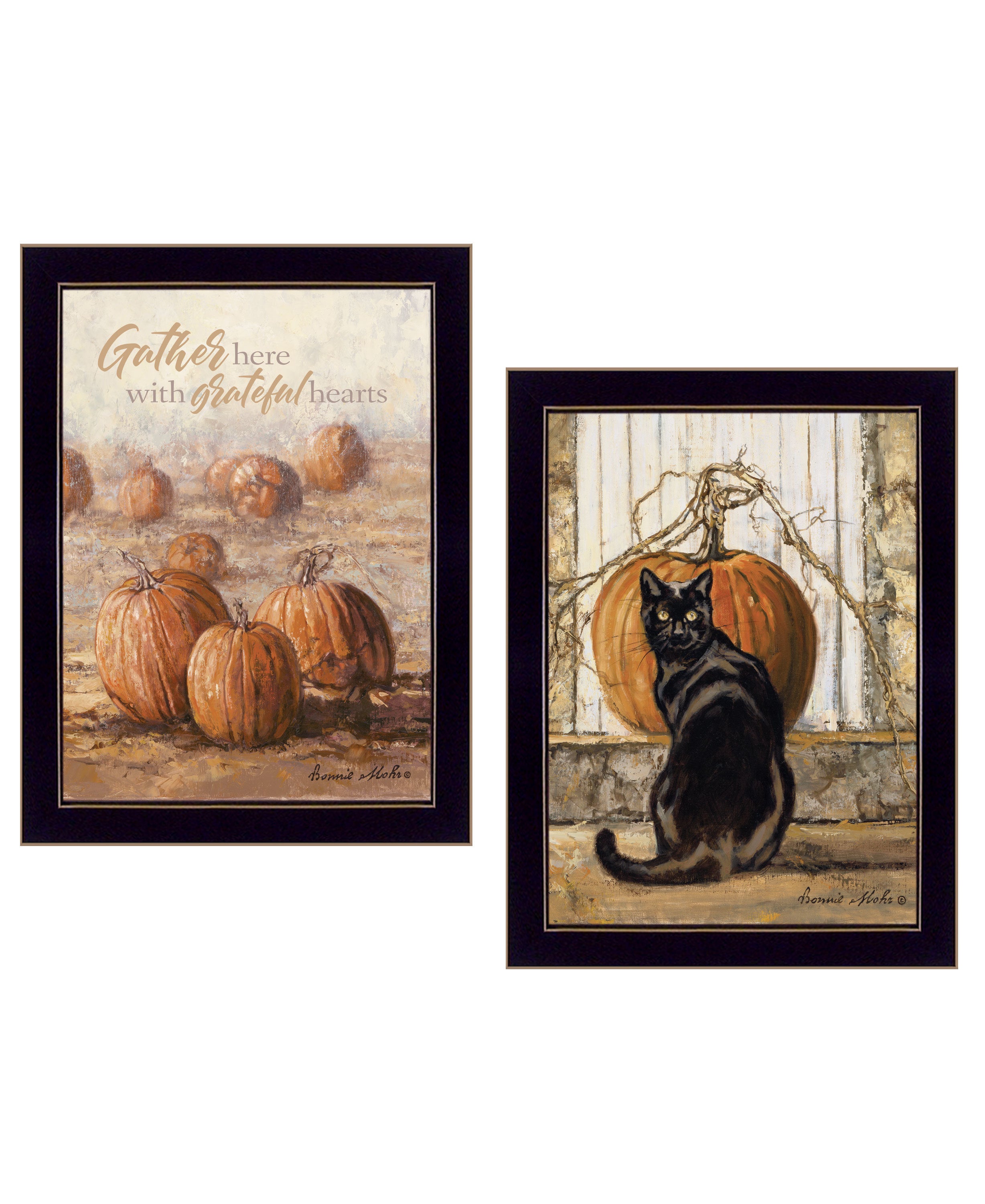 "Pumpkins with A Black Cat" 2-Piece Vignette by Bonnie Mohr, Ready to Hang Framed Print, Black Frame