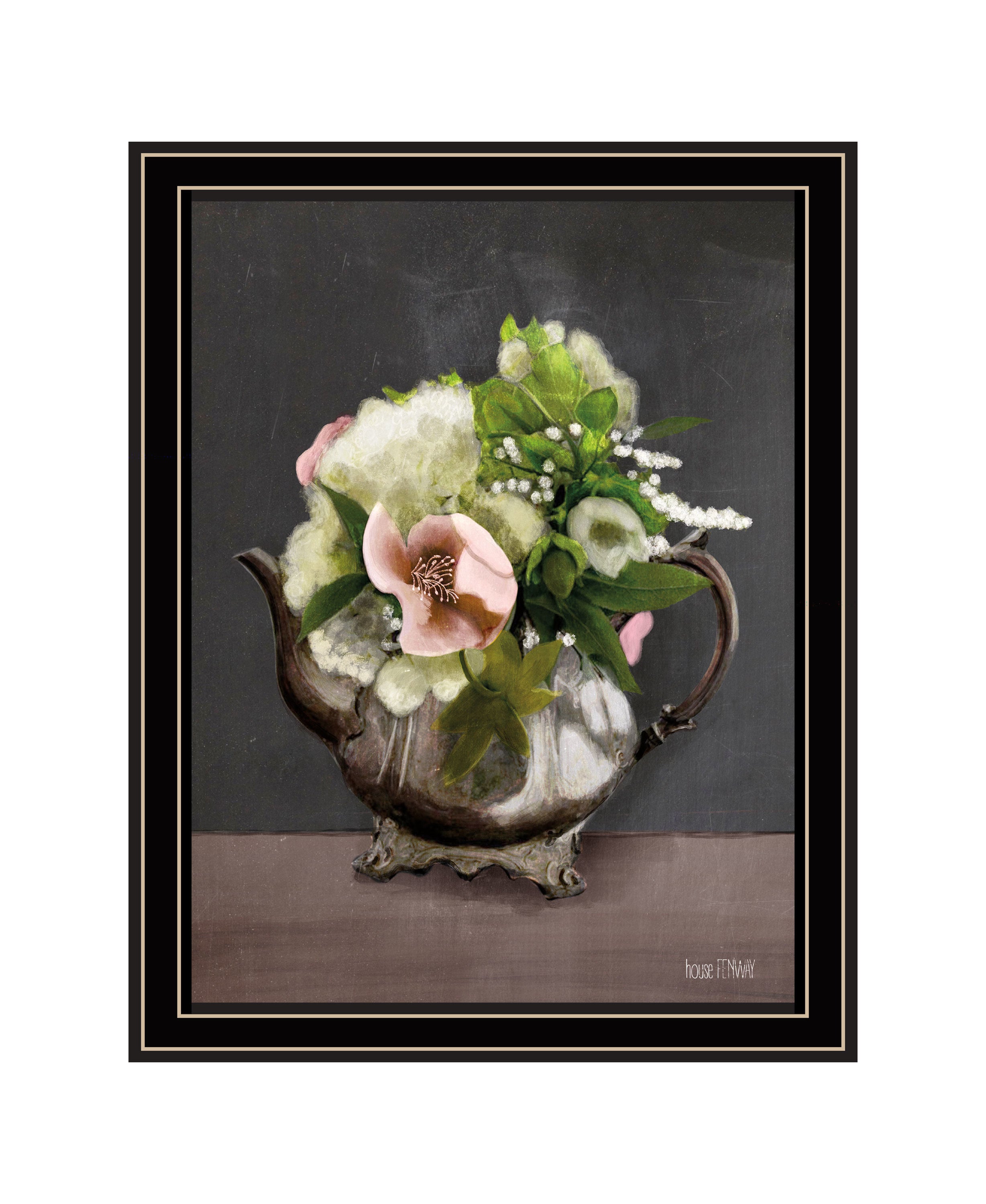 "Vintage Floral Tea Pot" by House Fenway, Ready to Hang Framed Print, Black Frame