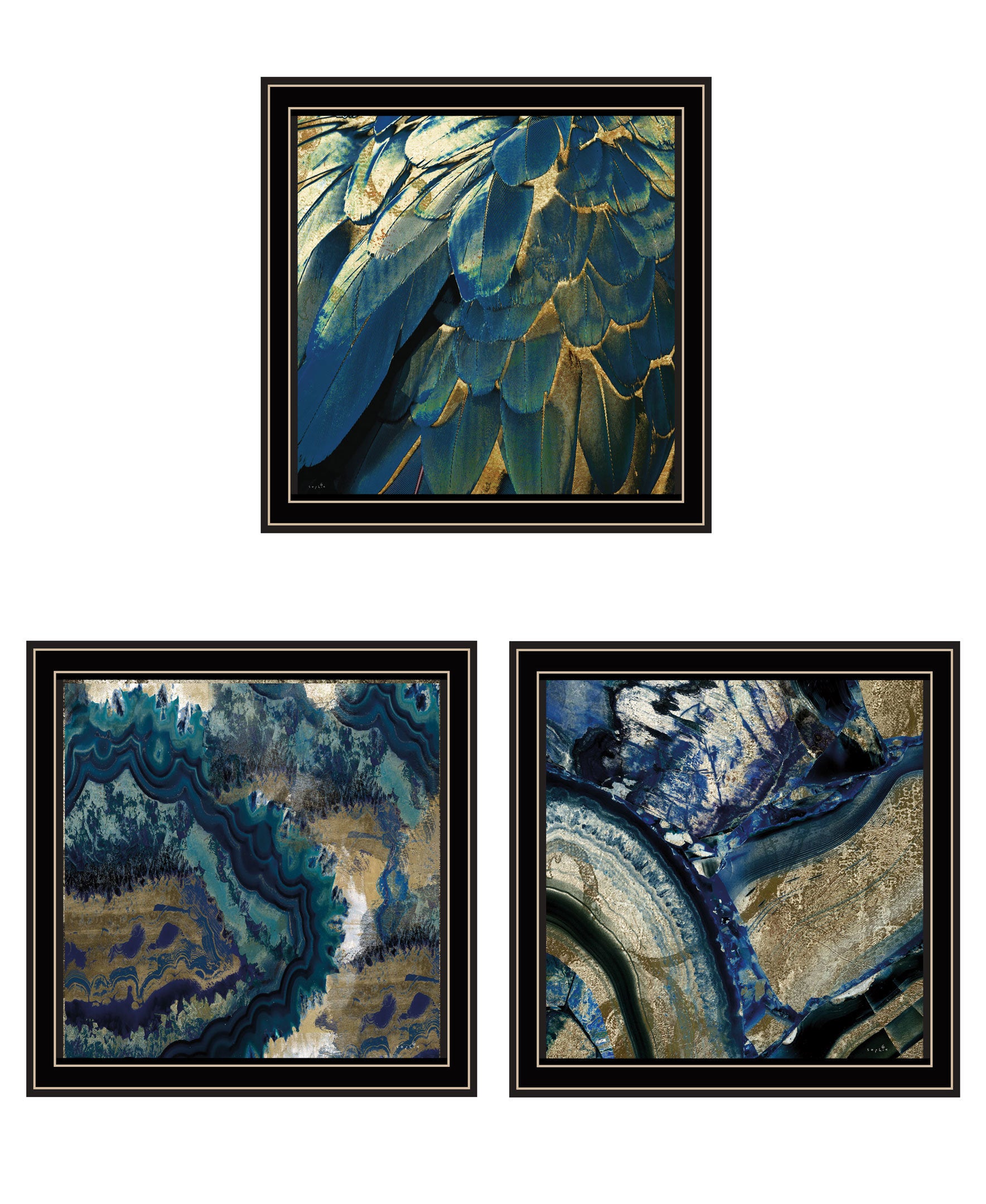 "Deep Blue" 3-Piece Vignette By Sophie 6, Ready to Hang Framed Print, Black Frame