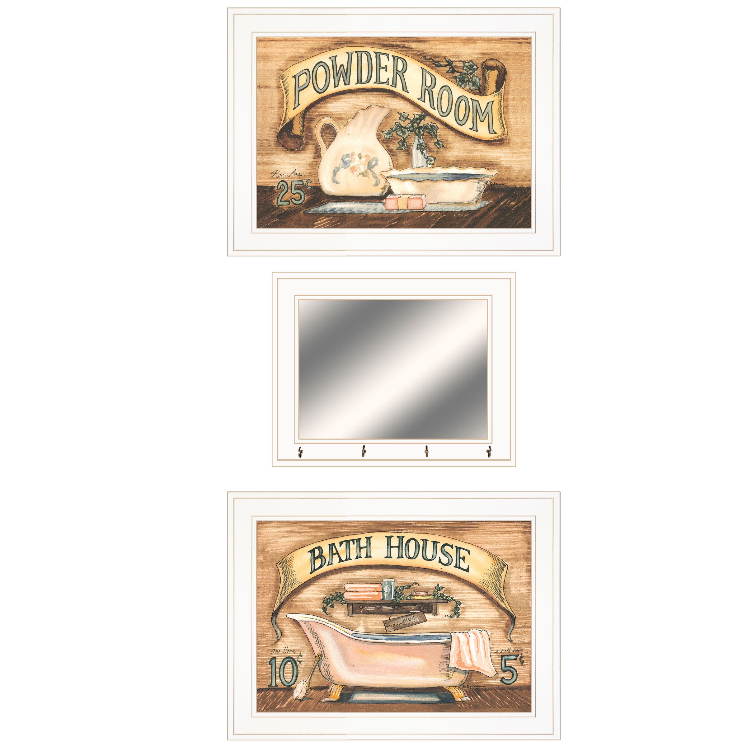 "Bath & Powder Room" 3-Piece Vignette By Becca Barton, Ready to Hang Framed Print, White Frame