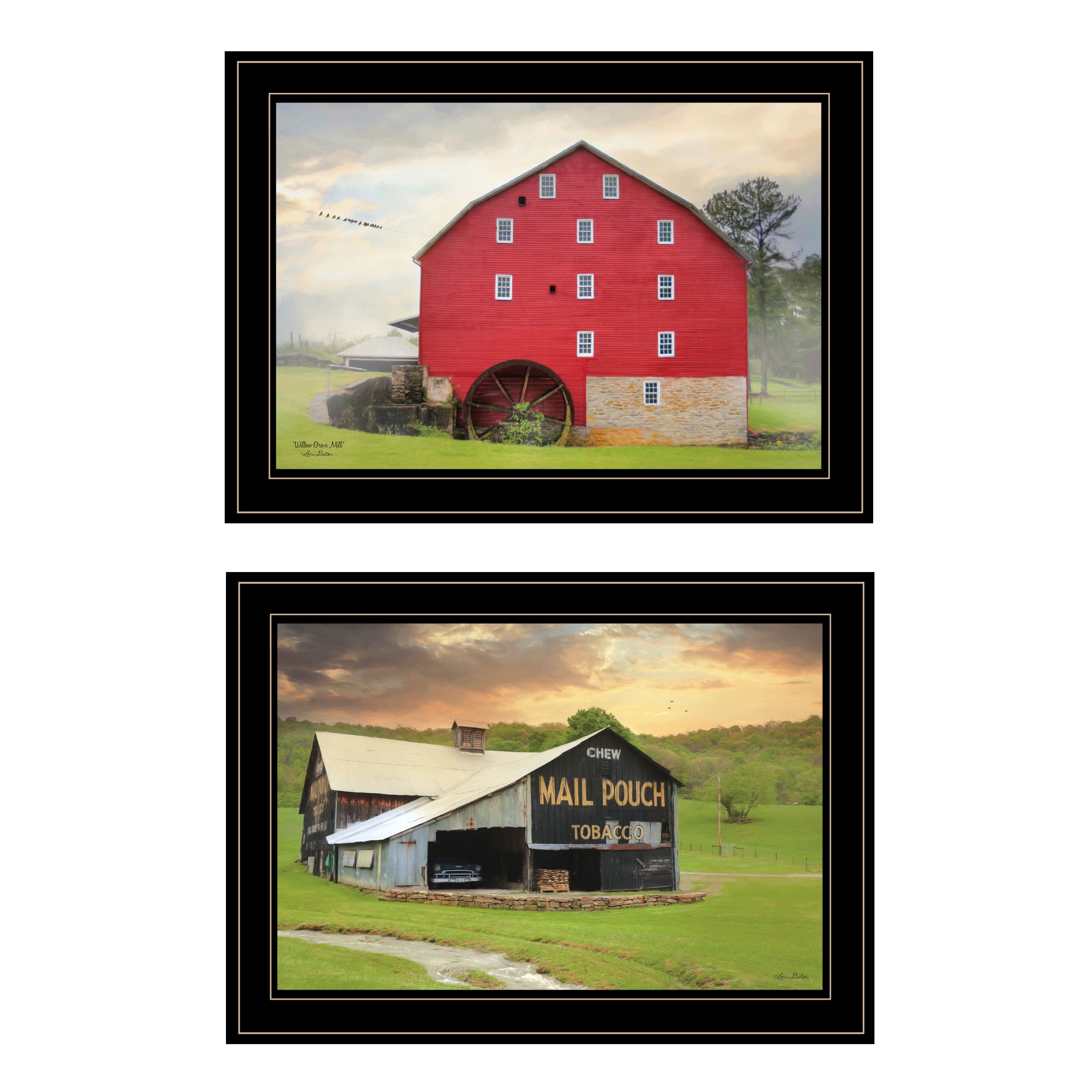 "Mail Pouch Barn and Mill Collection" 2-Piece Vignette By Lori Deiter, Ready to Hang Framed Print, Black Frame