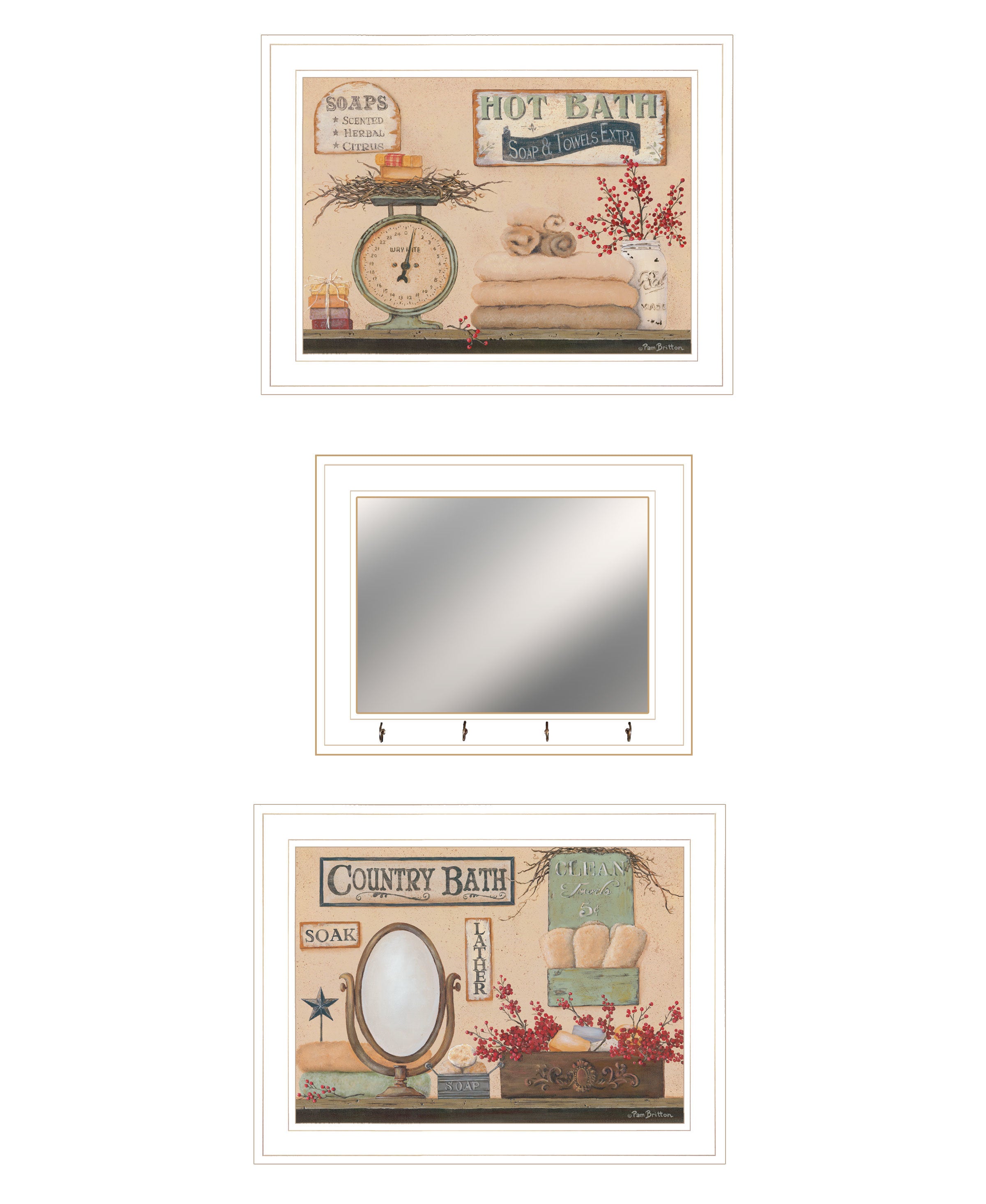 "Country Bath III Collection" 3-Piece Vignette By Pam Britton, Ready to Hang Framed Print, White Frame
